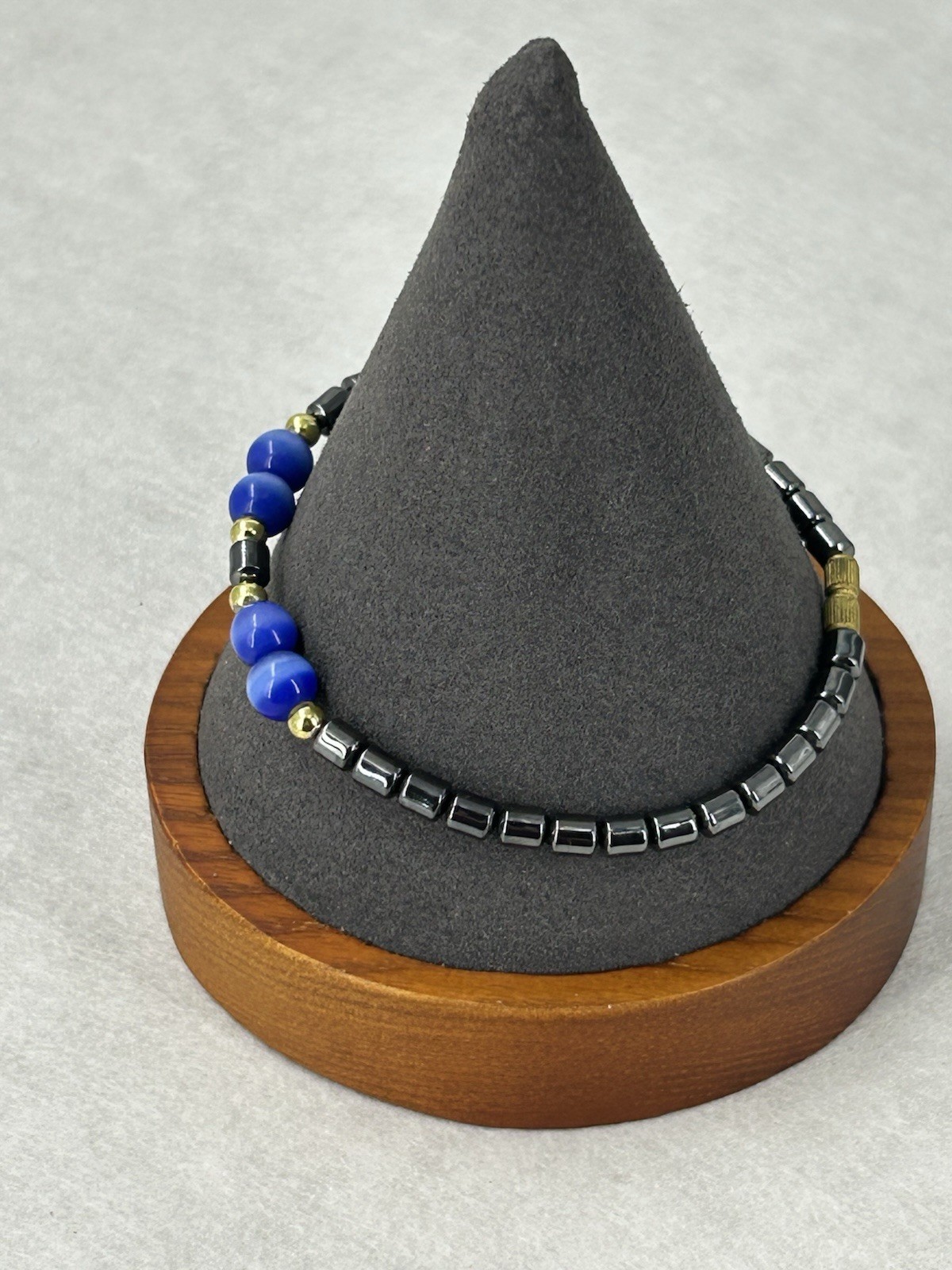 Handmade Bracelet Natural Hematite Deep Blue Glass Cat Eye Beads