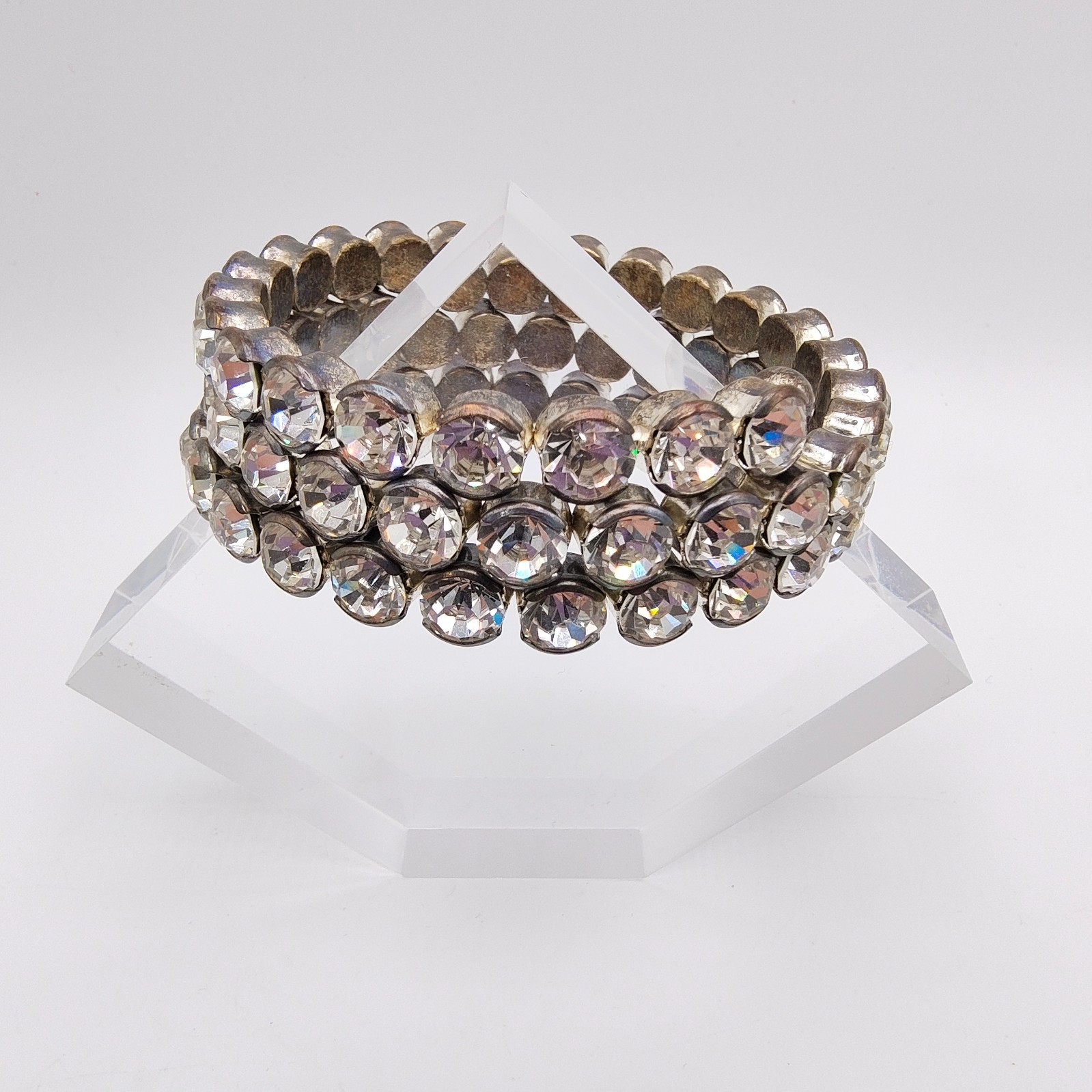 Vintage Art Deco Style Memory Wire Wrap Bracelet Glass Rhinestone Hollywood Glam