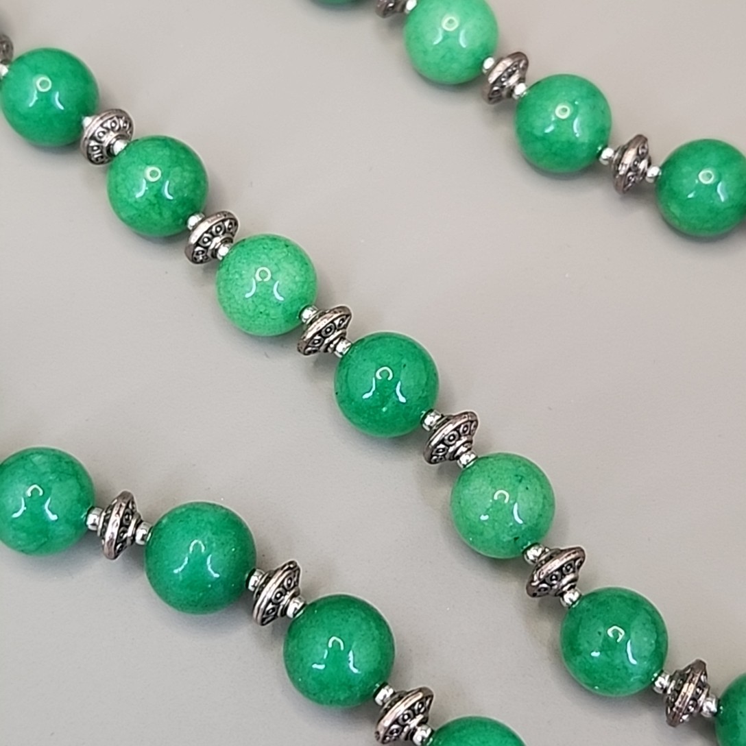 Jade Beaded Necklace Bracelet Set Green Stone Stainless Steel JTV 20″