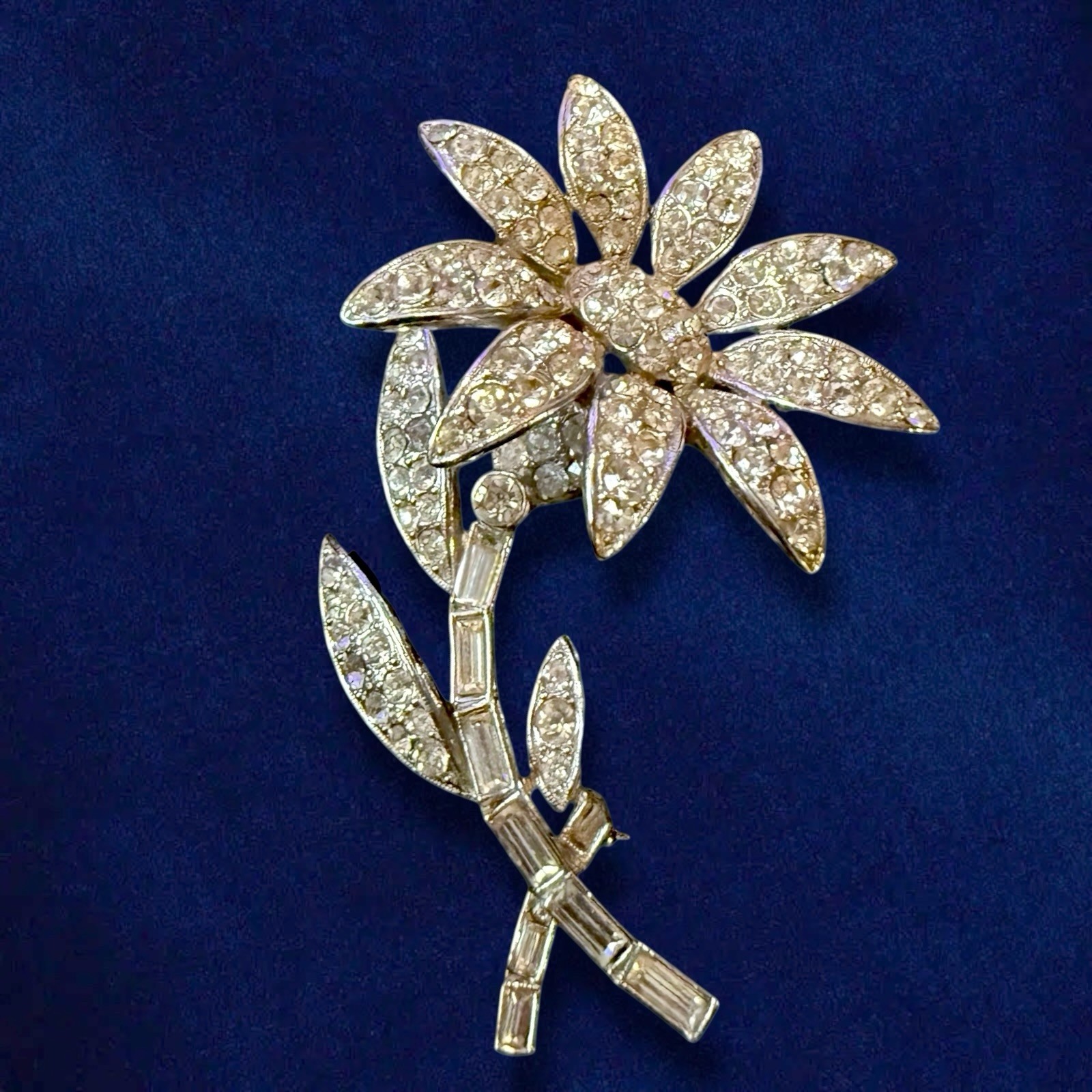 Rhinestone Flower Brooch Signed ORA Rhodium 1940s Large Vintage Pin 3 Inch
