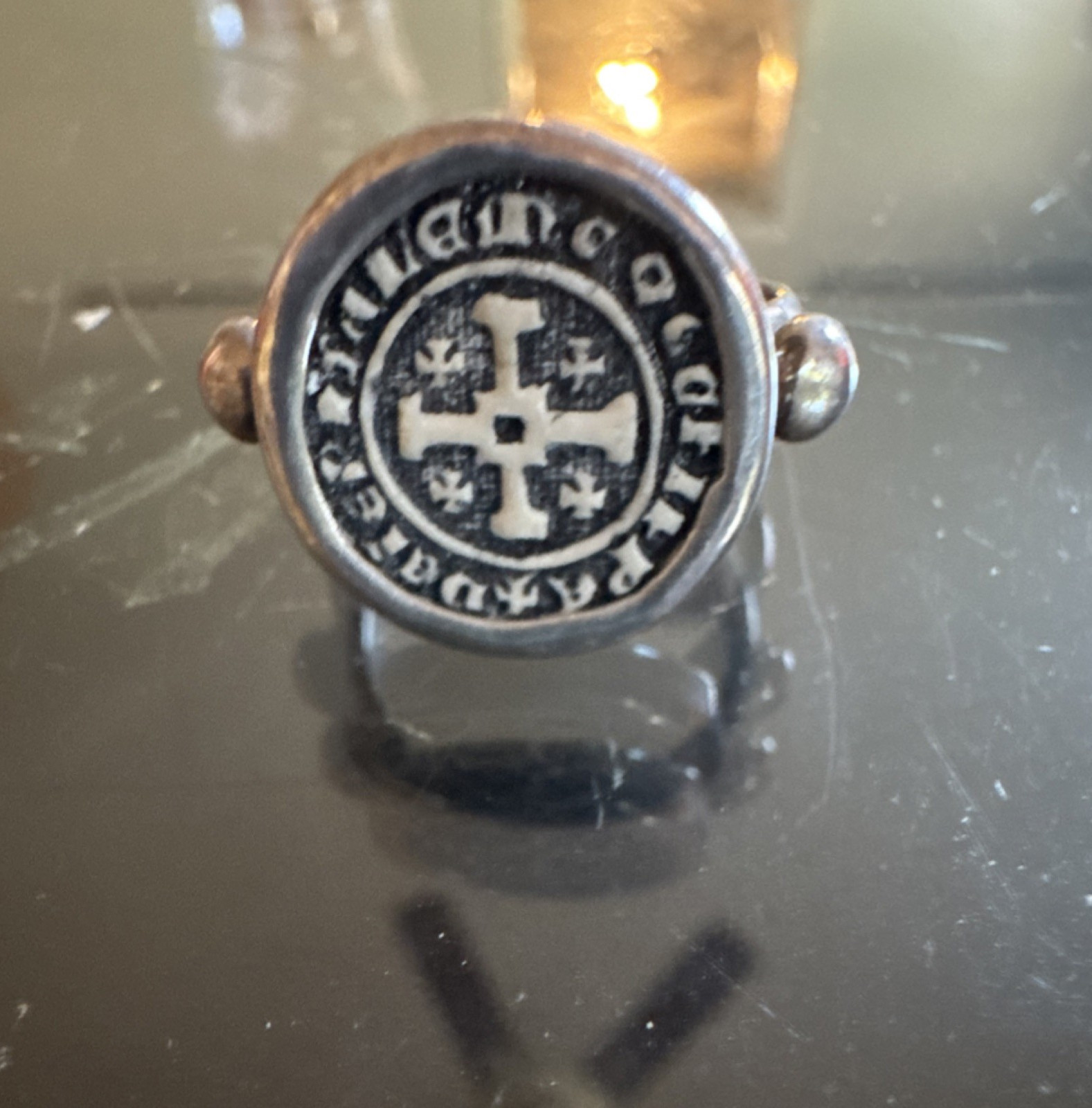 Vintage Religious Round Ring with Cross Design, Silver Black White, No Stone