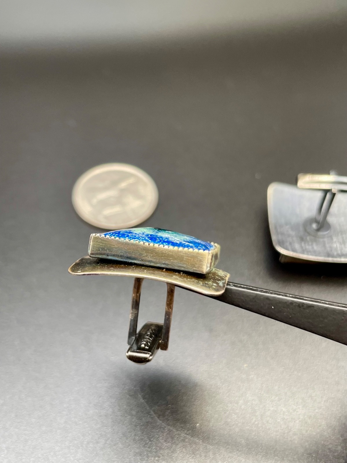 Vintage Mid Century Modernist Enamel Square Silver Tone Cufflinks Blue Abstract