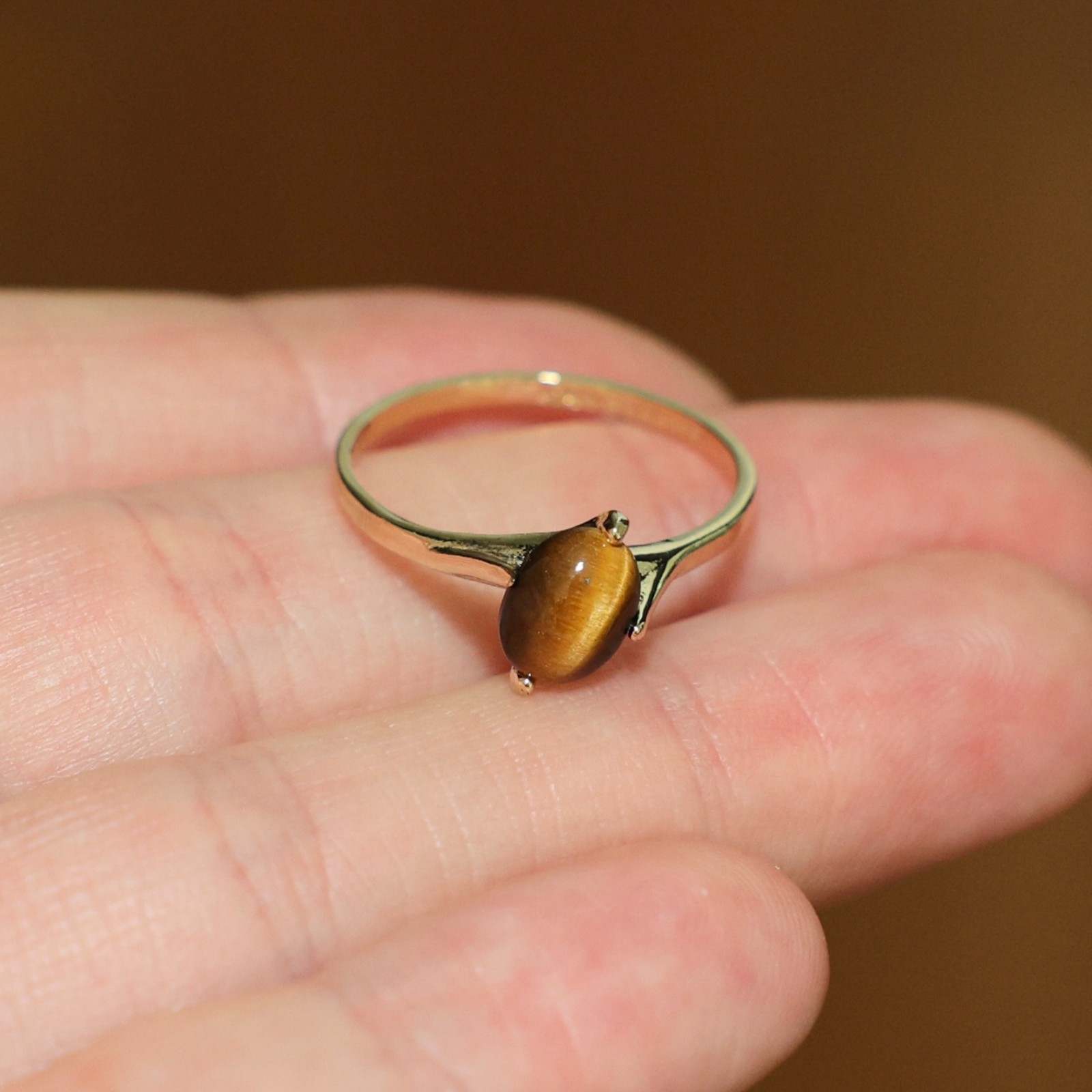 Gorgeous 14K HGE Gold Plated Tigers Eye Cabochon Boho Dainty Ring ~ Size 8.75 🔥