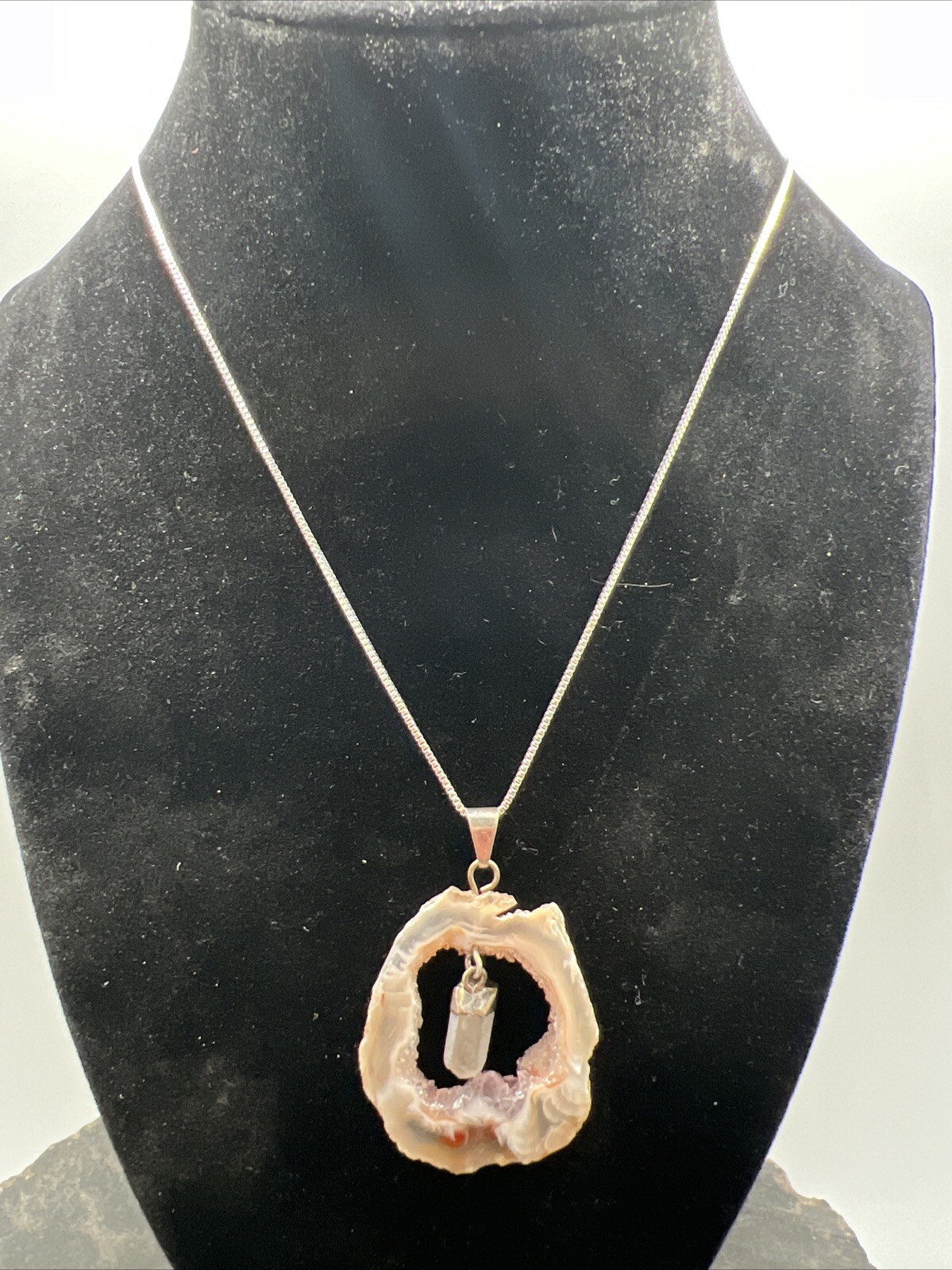Vintage Druzy Quartz Sliced Pendant On 20″ Sterling Box Chain 10.9 Grams