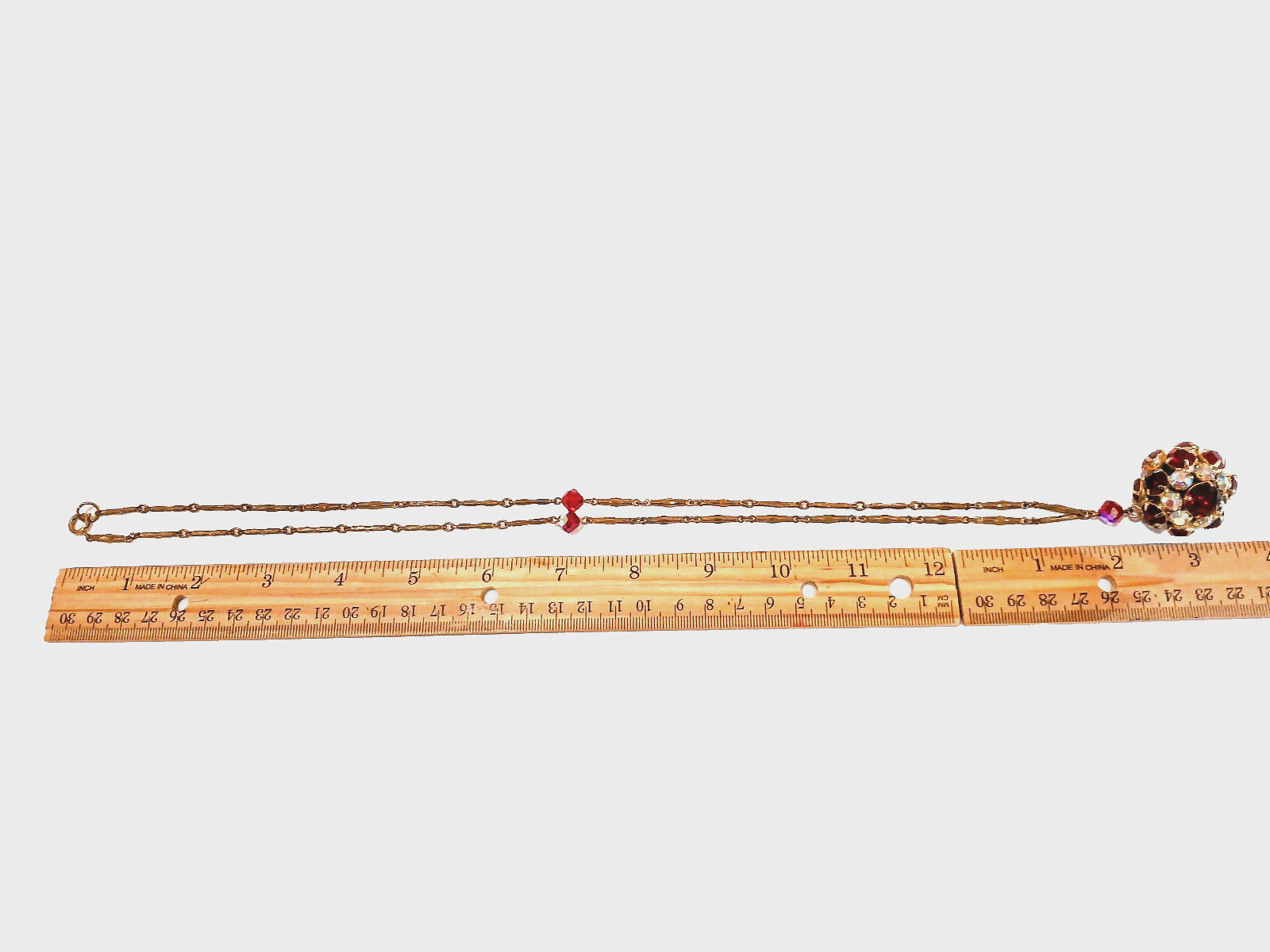 VTG Necklace Red Ball Sparkly Rhinestones Clear & Red prong set 28″ long end2end