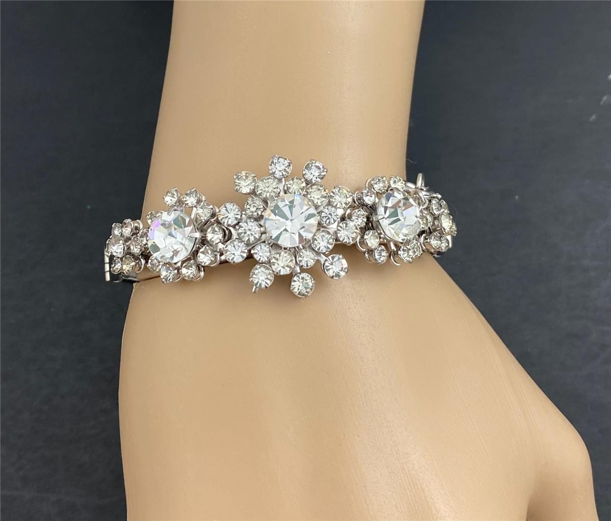 Vintage 1950’s Hinged Cuff Silver Tone Clear Rhinestones Floral Bracelet medium