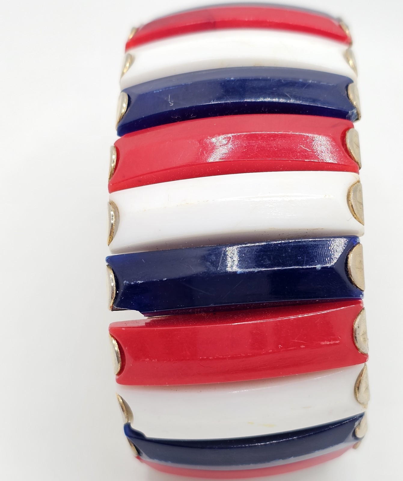 Vintage HONG KONG Red White Blue Lucite Gold Tone Expandable Accordian Bracelet