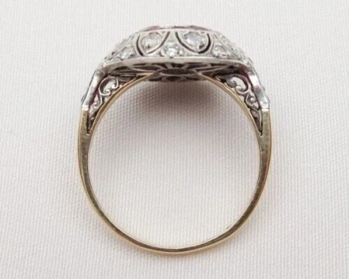 Art Deco Round Lab Created Diamond & Ruby Engagement 14K Yellow Gold Finish Ring