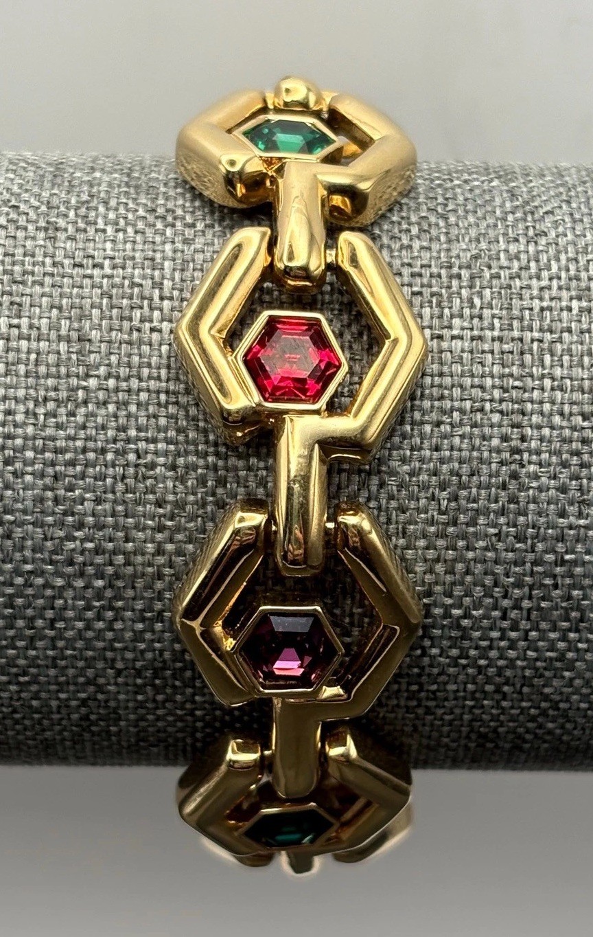 VTG 80s SWAROVSKI SWAN Gold Tone Hexagon Link Bracelet Green Purple Red Crystal