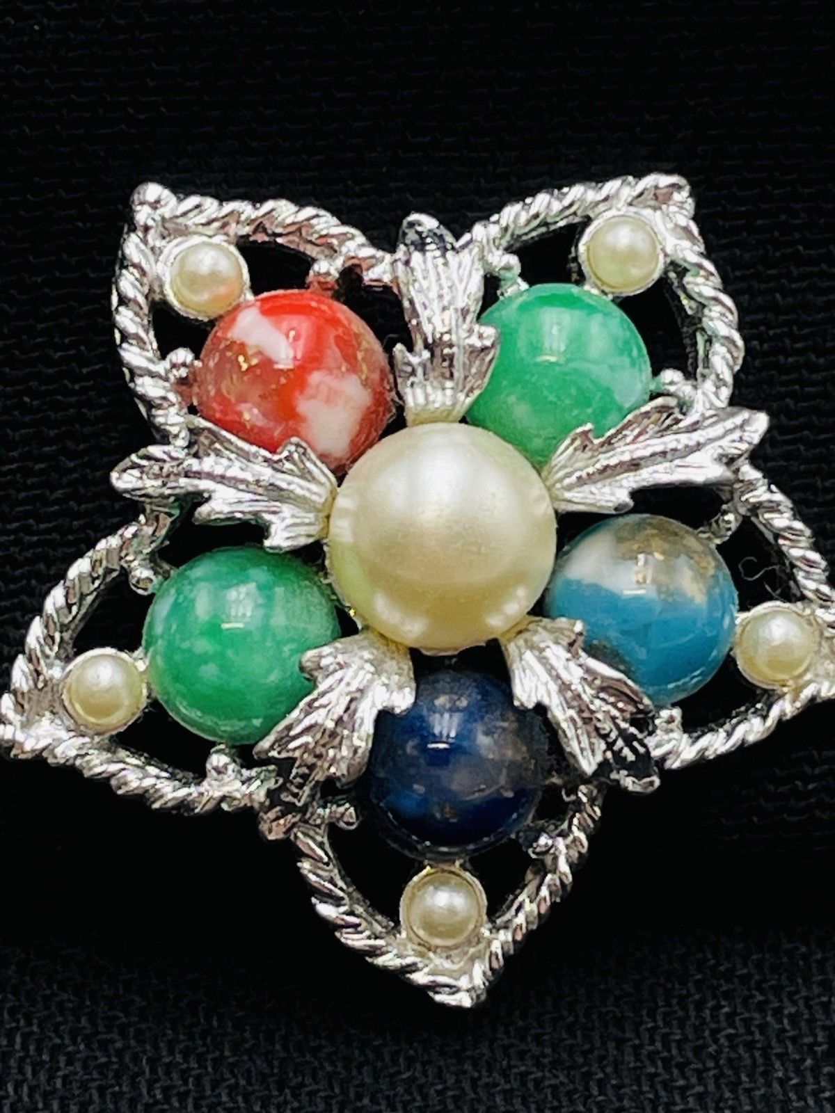 Sarah Coventry Multi-Stone Color Faux Pearl Filligree Clip Earrings Silver Tone