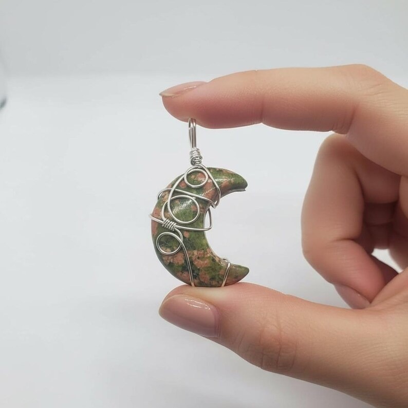 Unakite Pendant Necklace, Handmade Wire Wrapped Green Pink Stone Charm