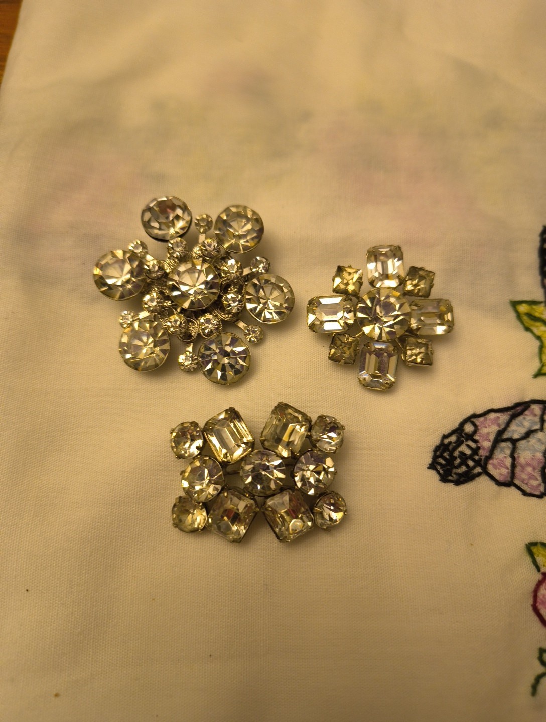 Vintage Trio Silver Tone Clear Rhinestone Brooches