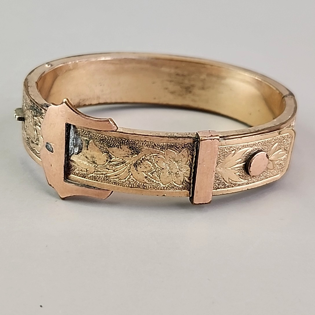 Antique B & B Victorian Belt Bracelet Hinged Buckle Etched Gold Filled 5.75″