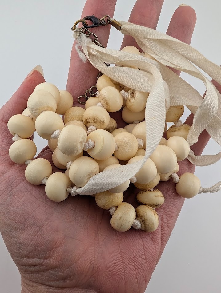 3-TIER COW BONE NECKLACE hand carved old beads on cream colored ribbon boho B5