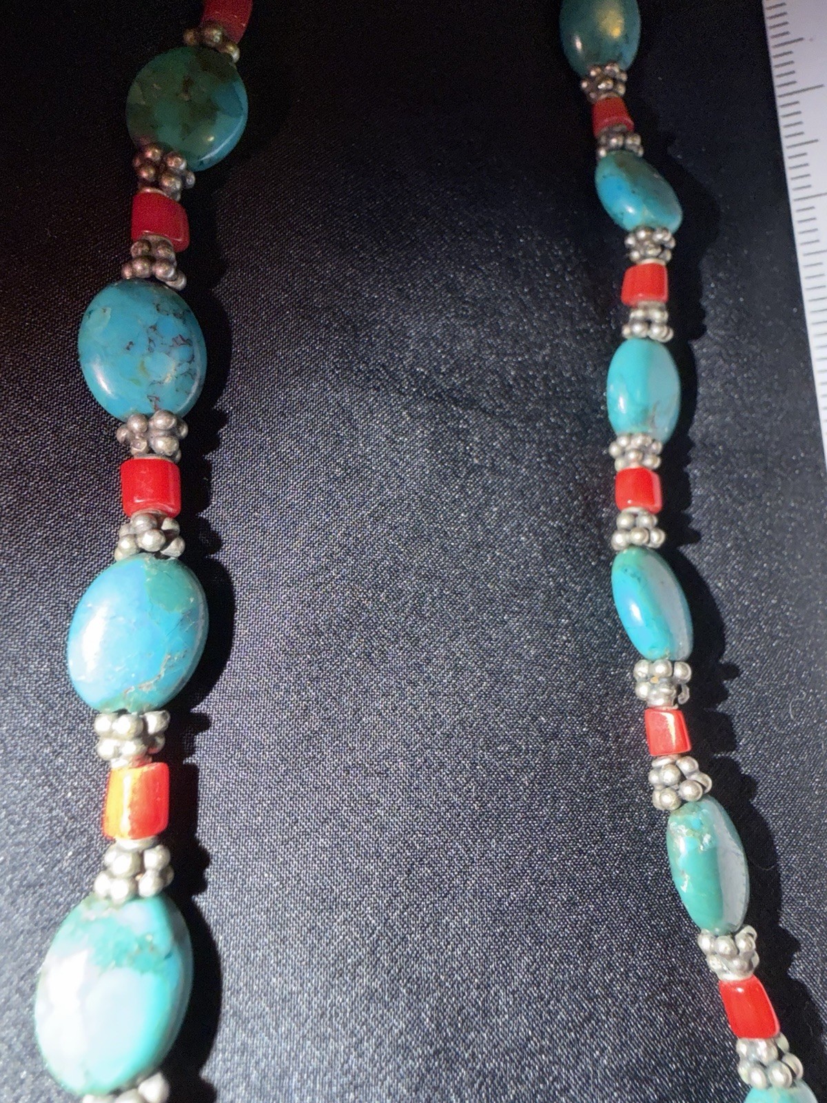 Vintage Turquoise And Natural Blood Red Coral & Pewter Silver 925 Clasp 16”