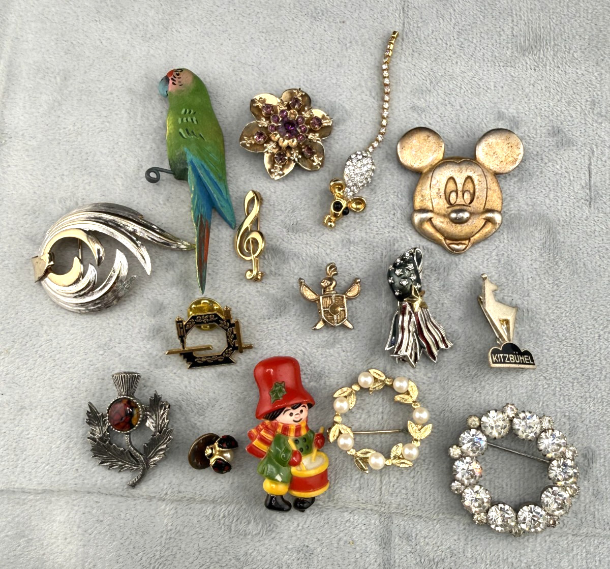 Vintage Brooch Lot Mickey Mouse Bird Flower Drummer Boy Lady Bug