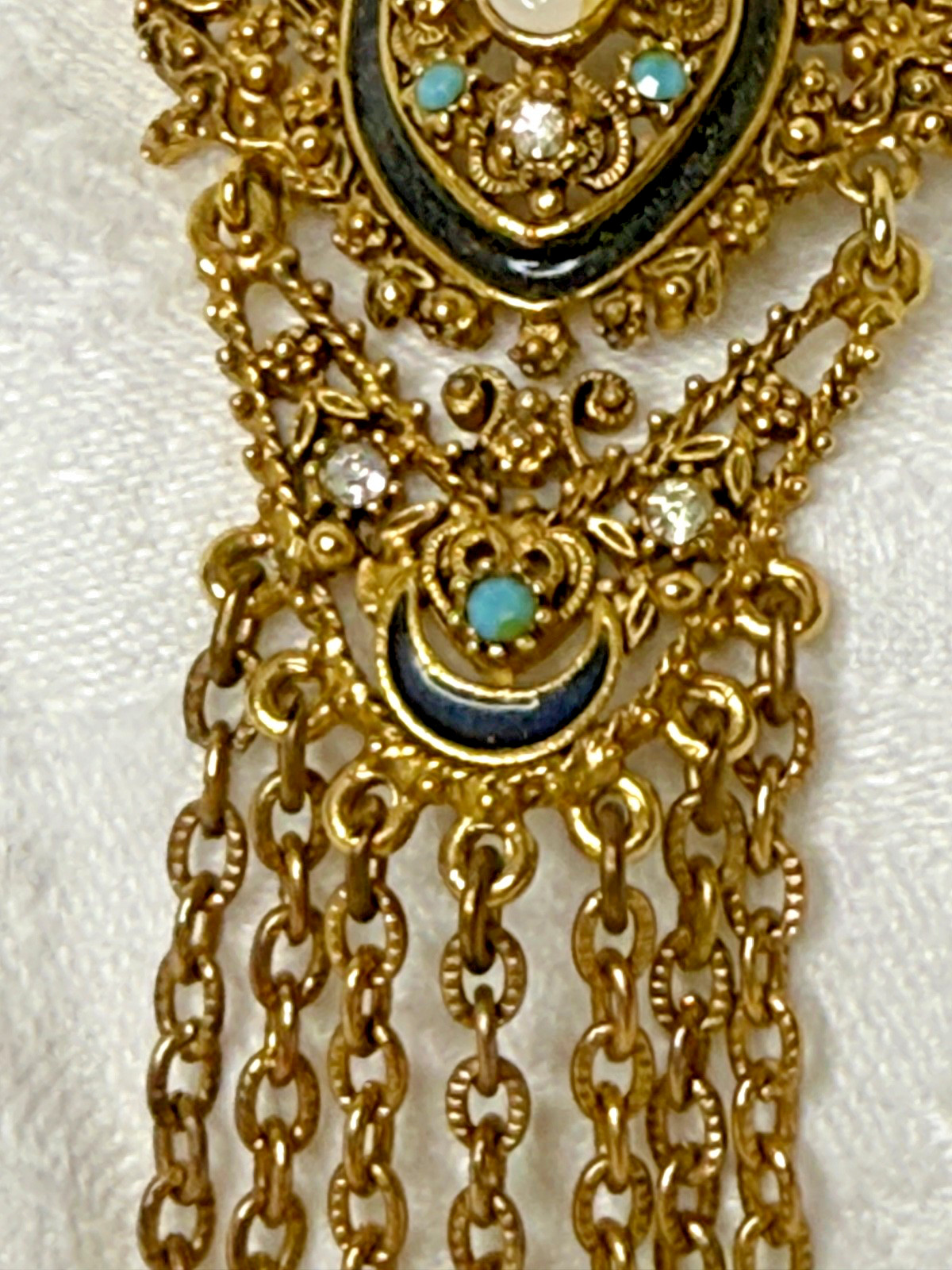 Vintage Florenza Filigree Brooch • Gold-Tone Fringe • Turquoise/Opalette