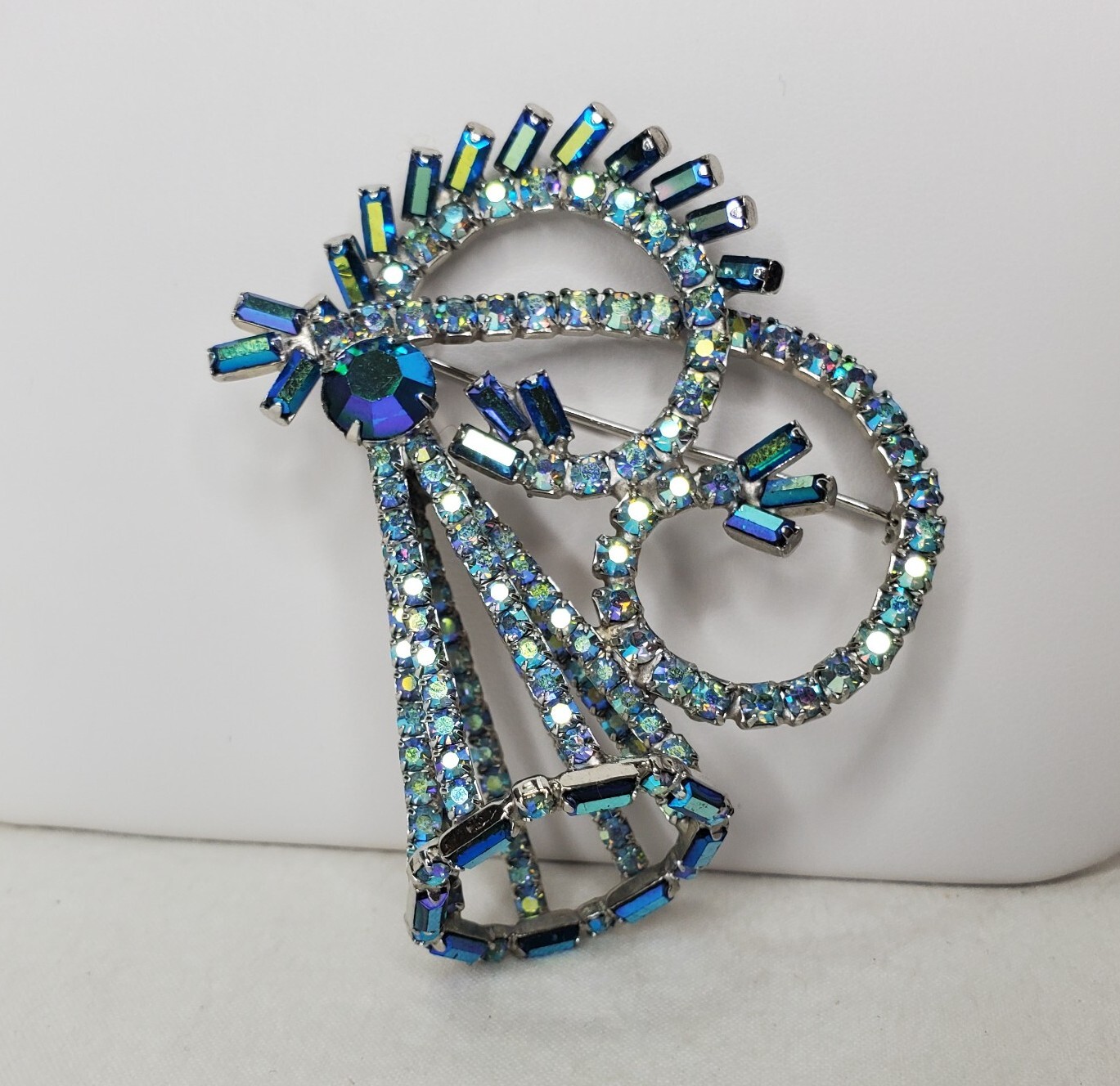 Vintage Hobe Brooch Peacock Blue AB Stones Baguettes Silver Tone 3D Signed
