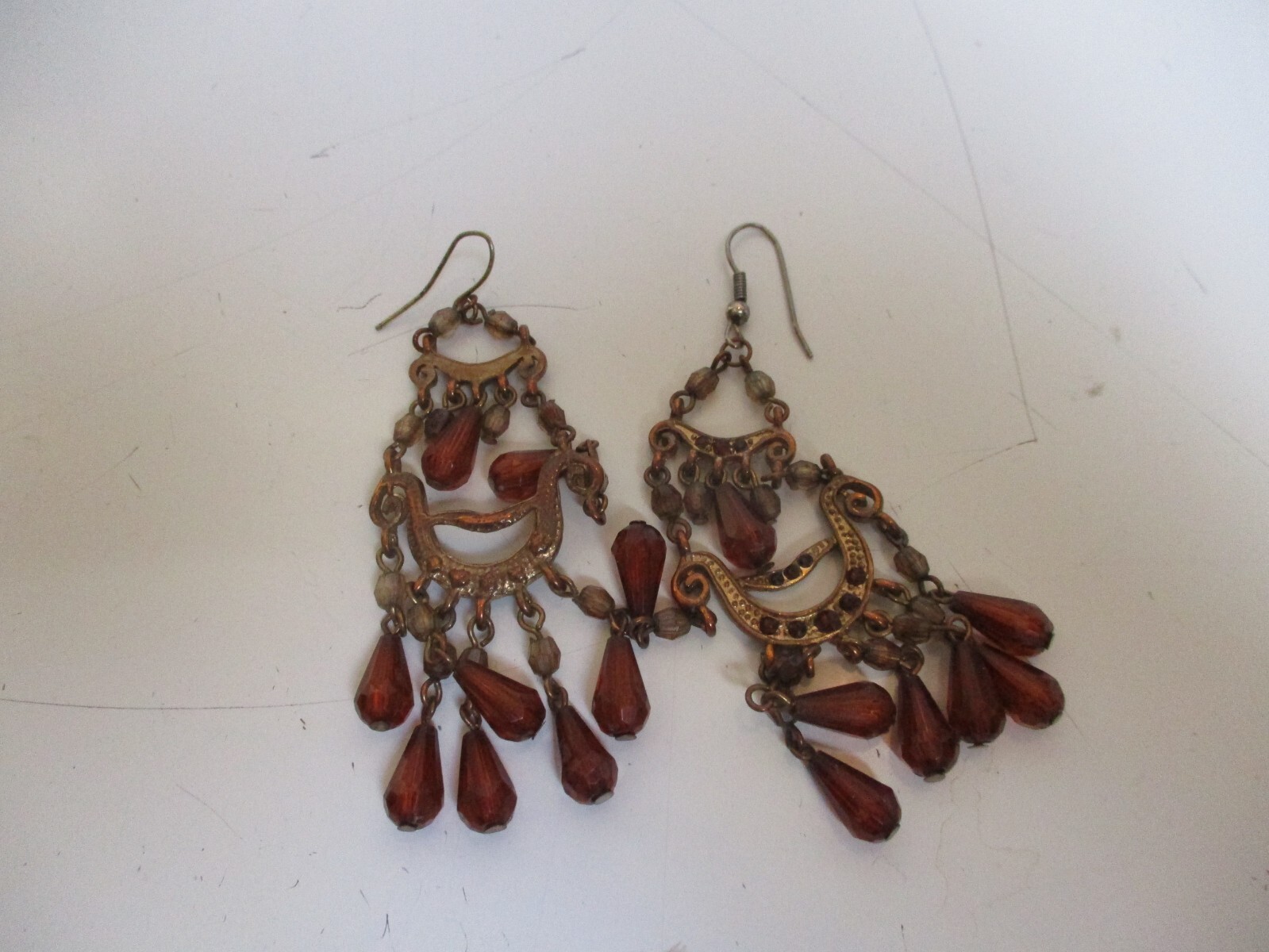 Vintage Bronze Color Dangle Hook Earrings w/ Brown Rhinestones & Bead Dangles