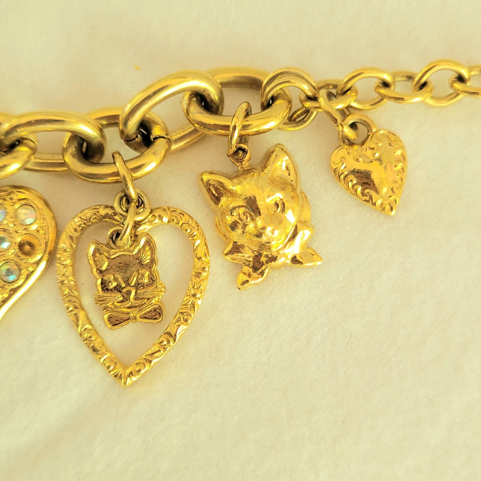 Vintage 1990s Kirk’s Folly Cat Charm Bracelet Gold Tone Rhinestones Cat Lady