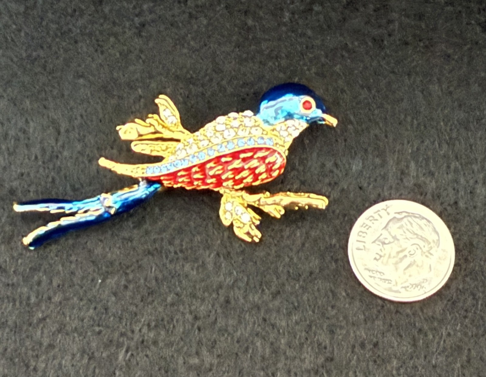 Vintage Blue Bird Enamel Brooch Cabochon Rhinestone Gold Tone Figural Pin