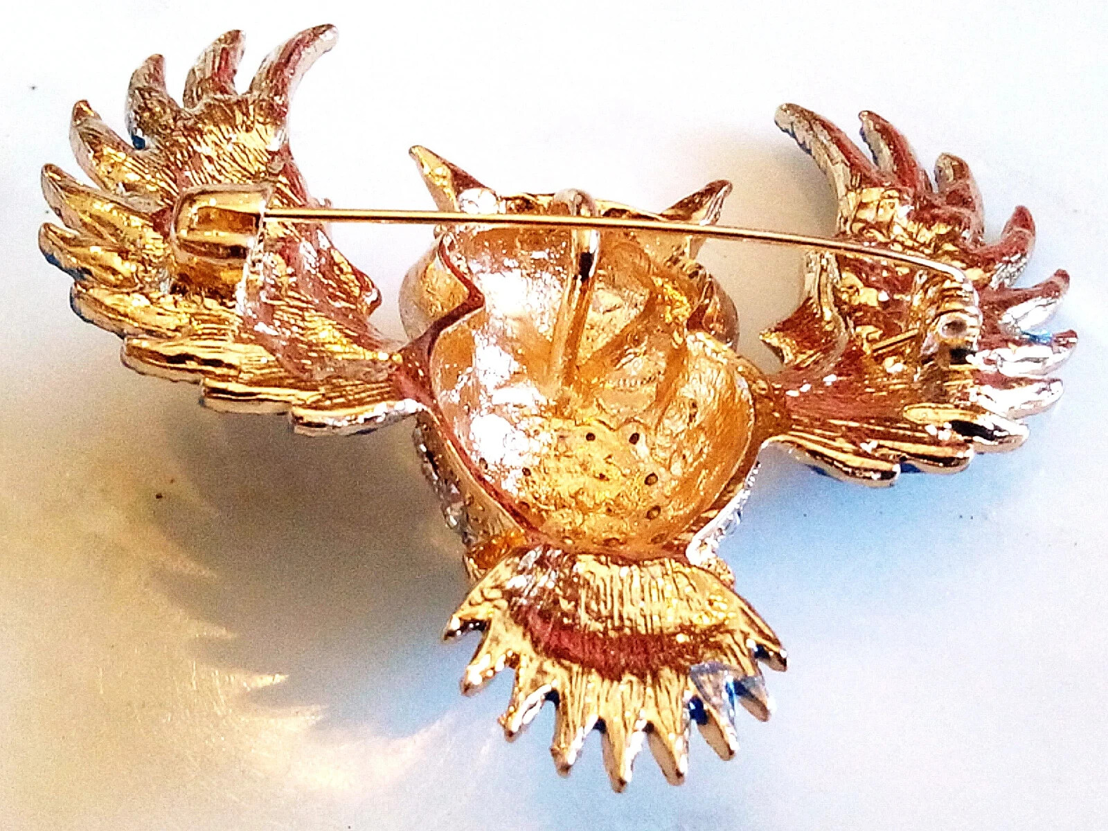RHINESTONE OWL BROOCH! Enameled Wise Bird Pendant/Pin. Deep Blue Crystals.