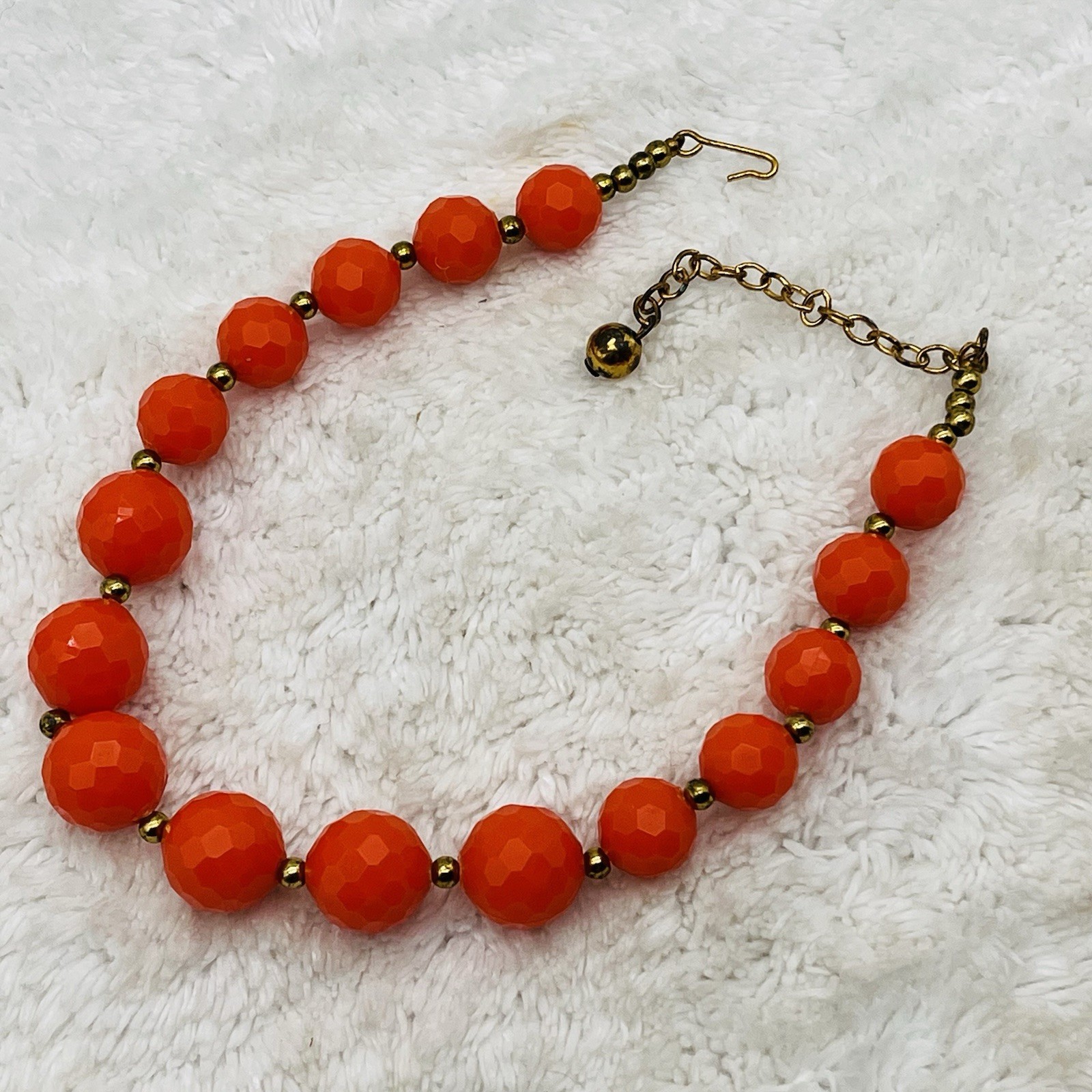 Vintage Plastic Necklace Chunky Orange Multifaceted Beads 15″