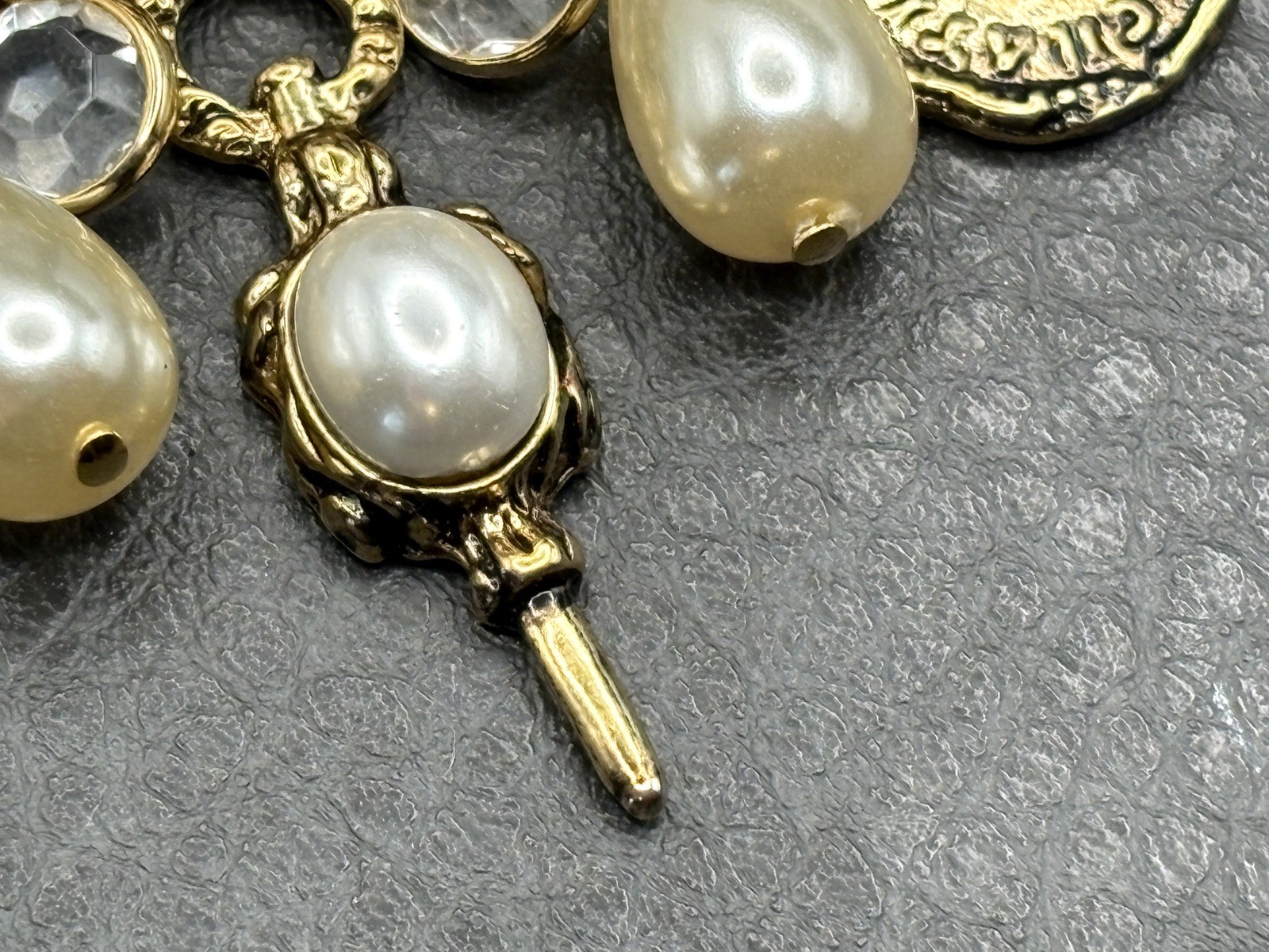 Vintage Gold Tone Charm Brooch Pearl Crystal Stations Coin Medallion Dangles