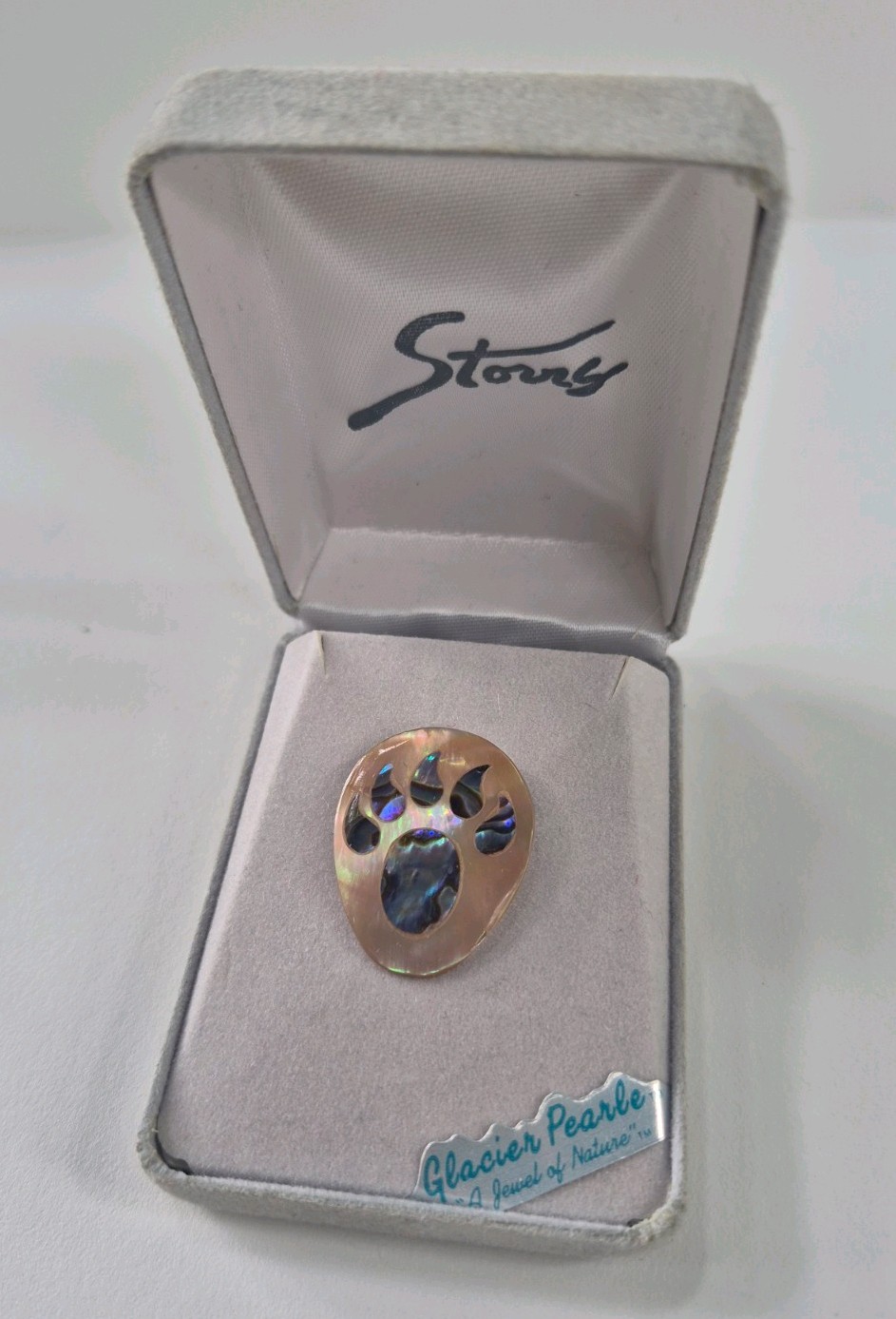 Rare NOS Vintage STORRS Bear Paw Totem Pin Inlaid Fire Abalone Brooch Alaska
