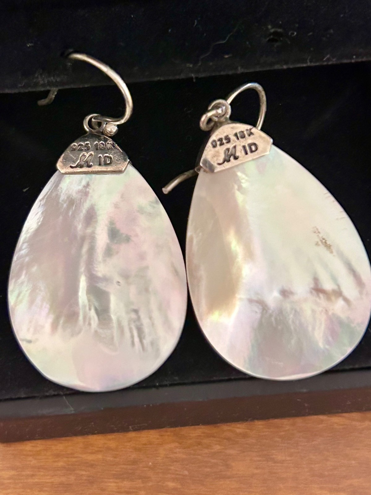 Vintage Robert Manse 18k & 925 Sterling Silver Mother of Pearl Dangle Earrings