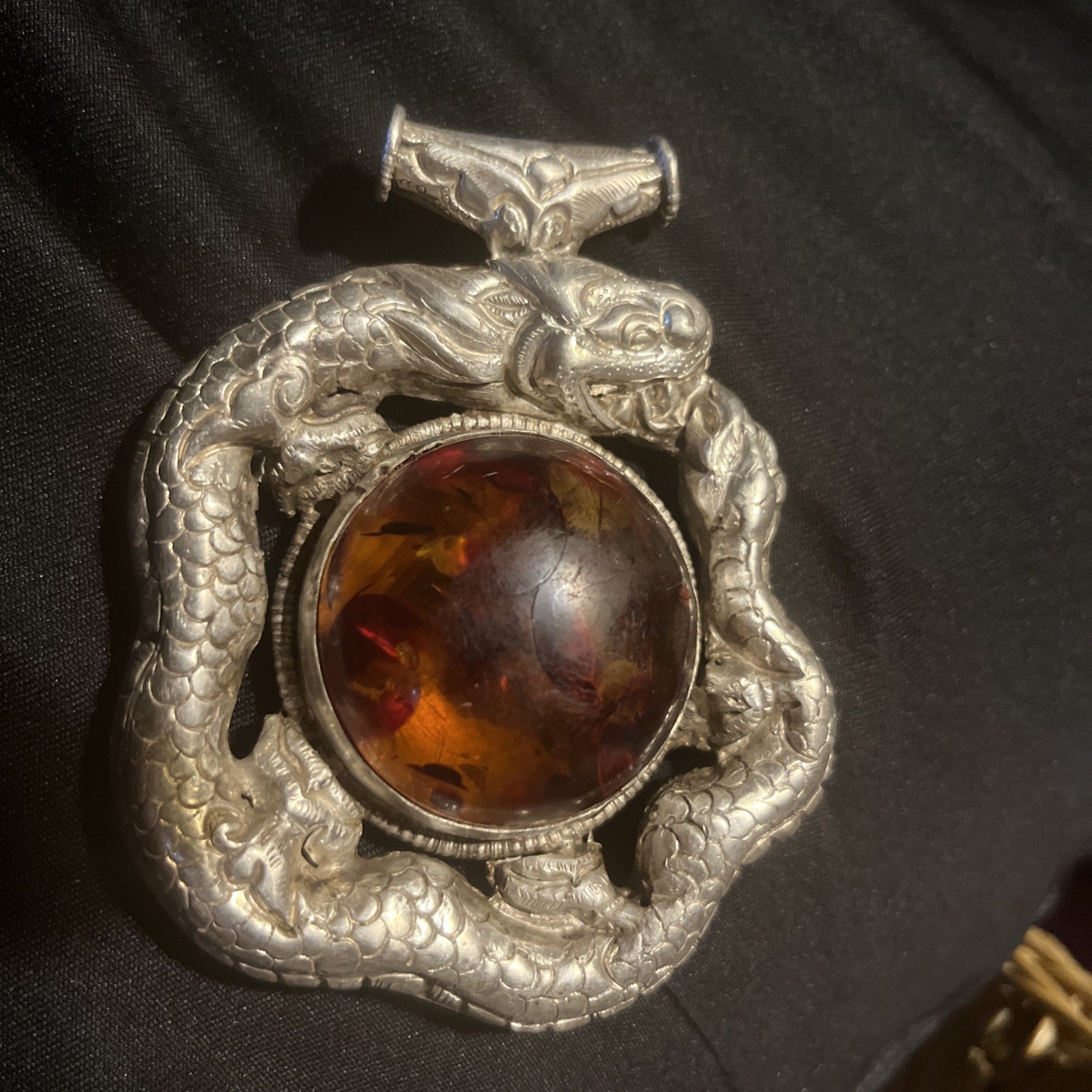 Antique Ornate Sterling Silver Bracelet W/ Large Amber Stone & Floral Details