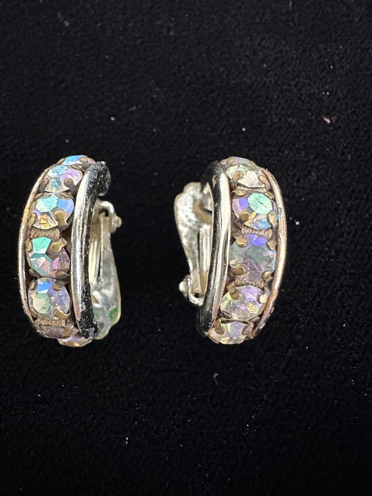JJE205 Silver Plate Semi Circle Clip On Earrings w Colored zircons VTG