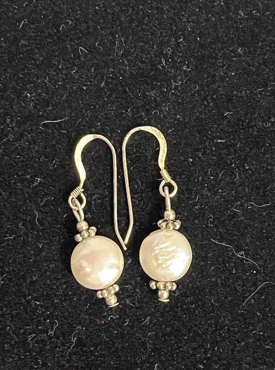 Vintage Freshwater Pearl Drop Dangle Earrings White Button Pearls