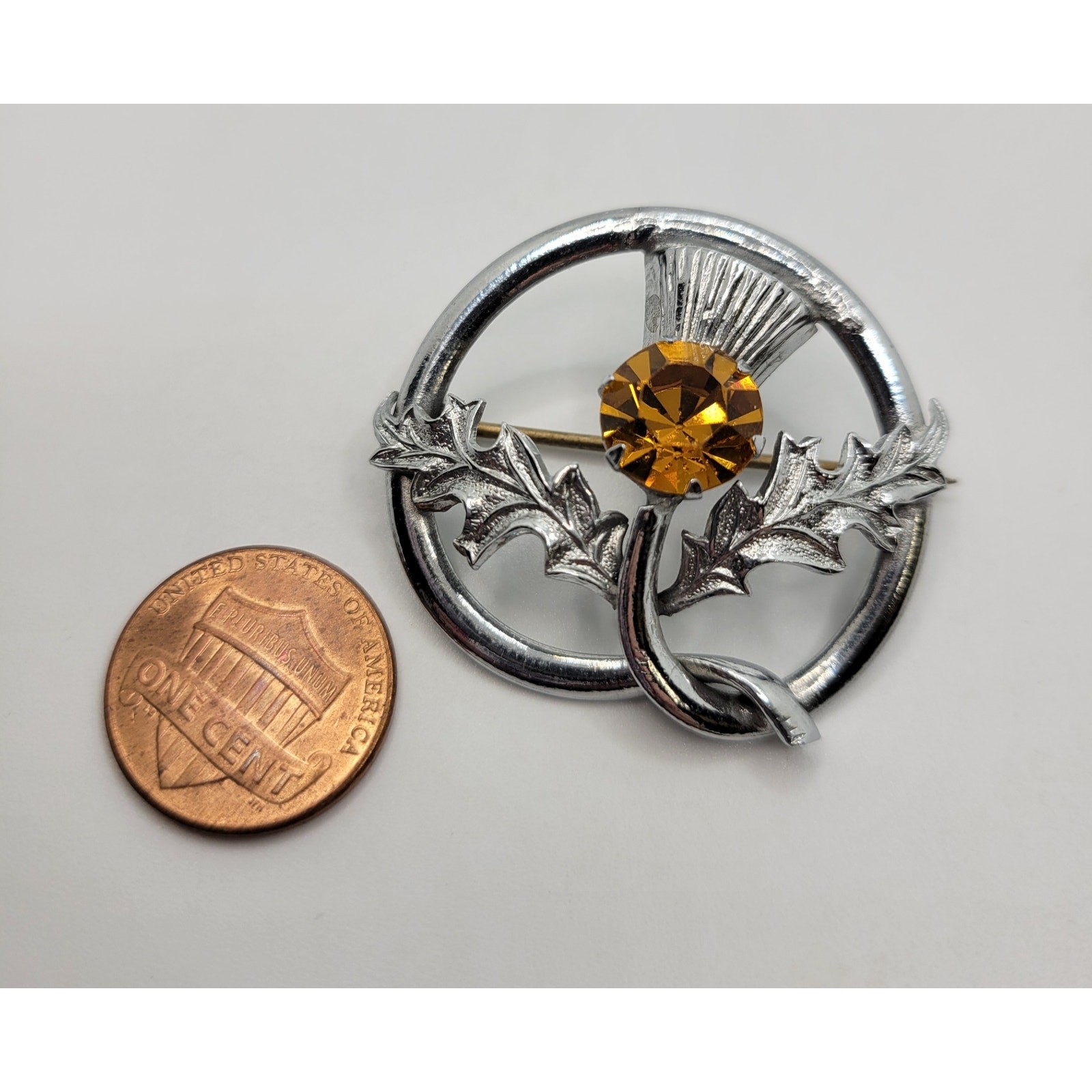 Scottish Thistle Brooch Kilt Shawl Pin Silvertone Orange Rhinestone Vintage