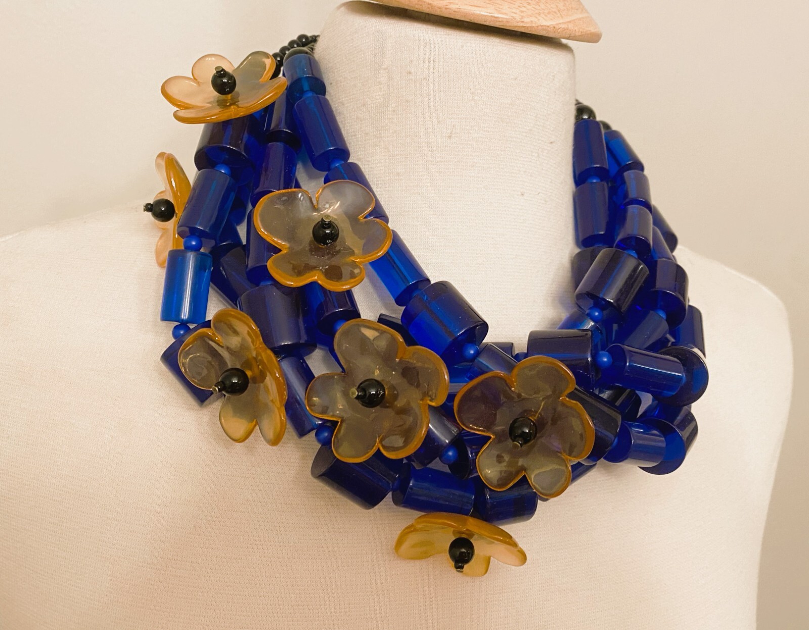 Fabulous Blue Tubular Lucite & Flowers Multi Strand Necklace