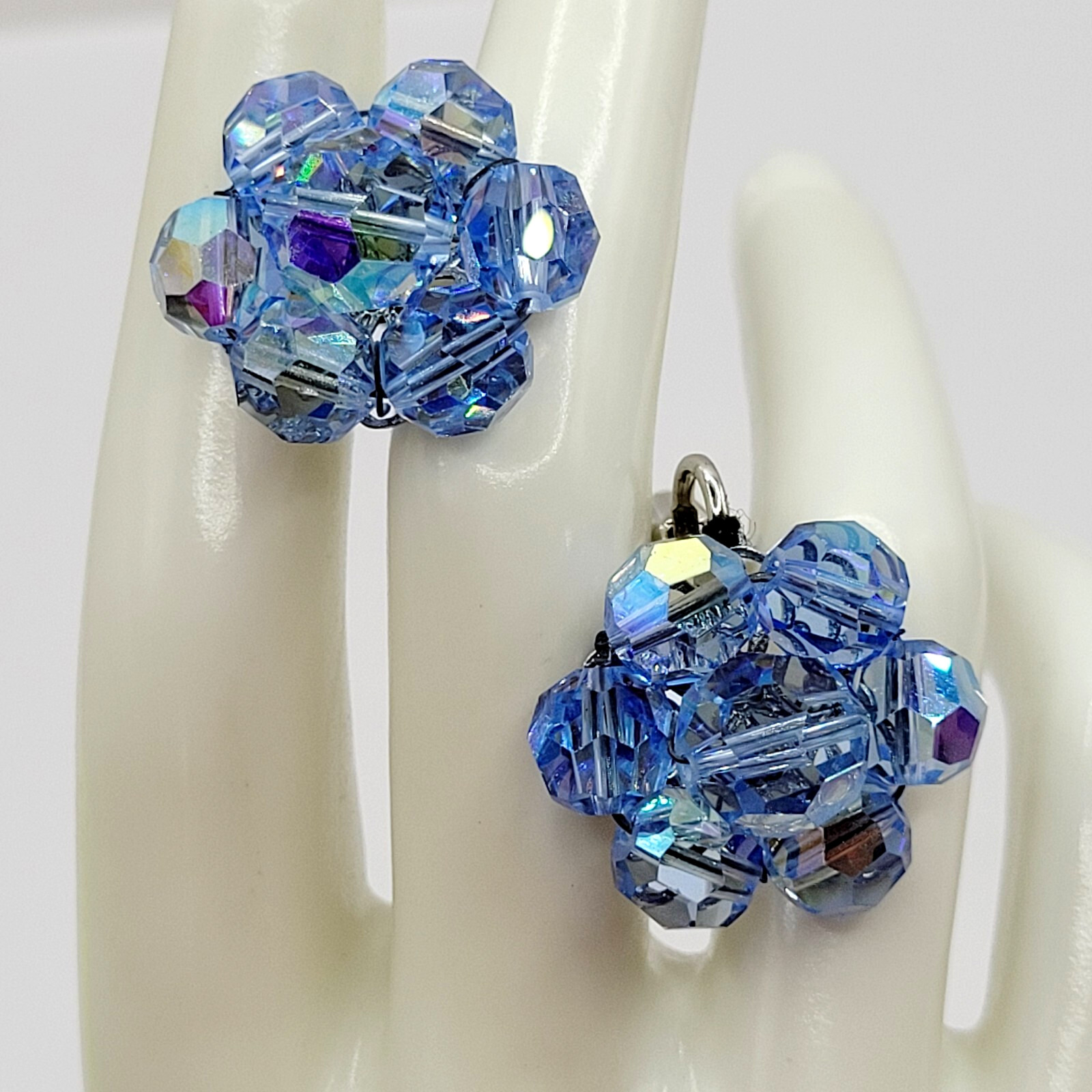 Light Blue Faceted Crystal Bead Cluster Sparkling Fancy Vintage Clip On Earrings