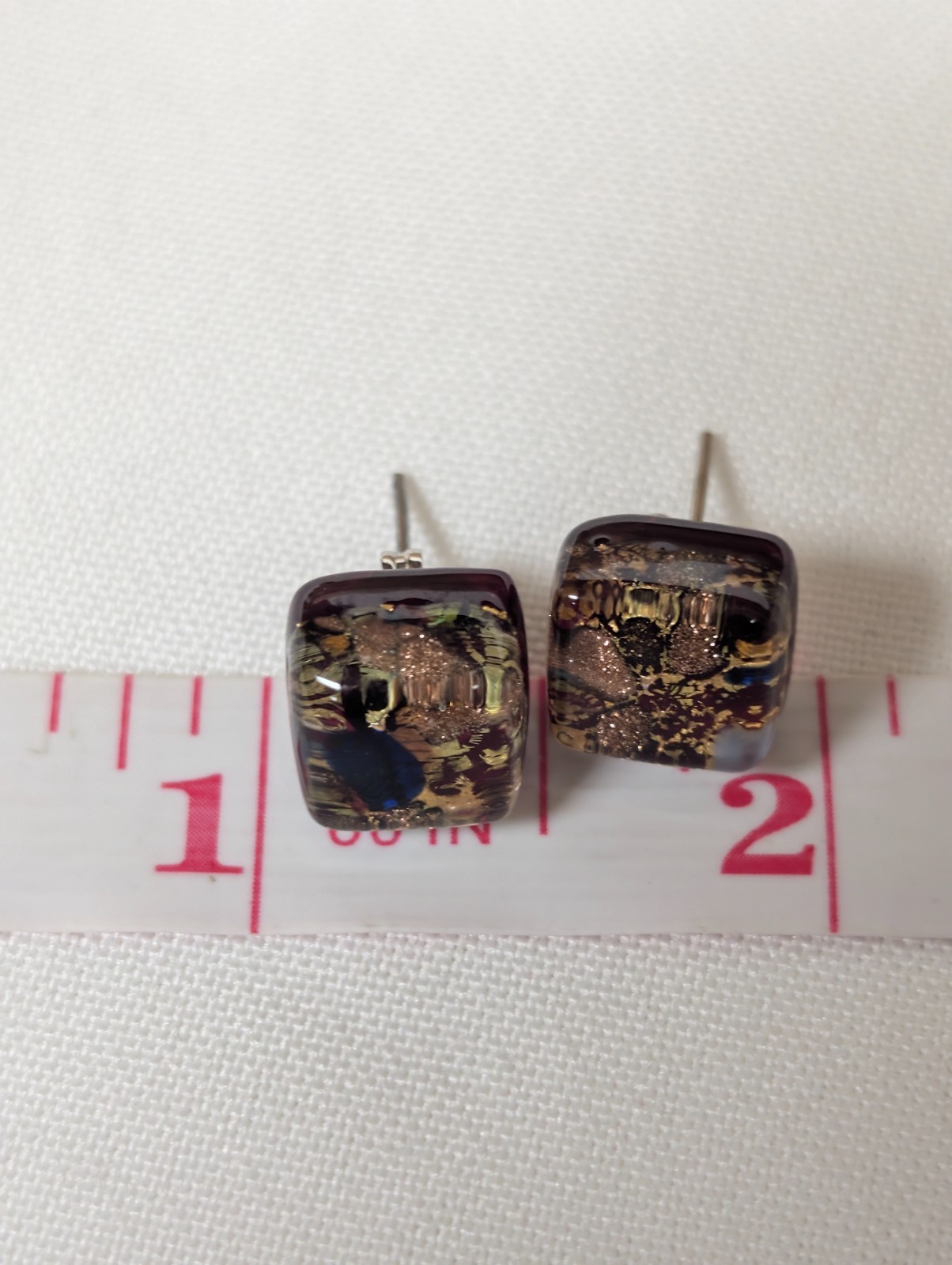 Gorgeous Vintage Italy Murano Glass Square Earrings Gold Foil Sparkly
