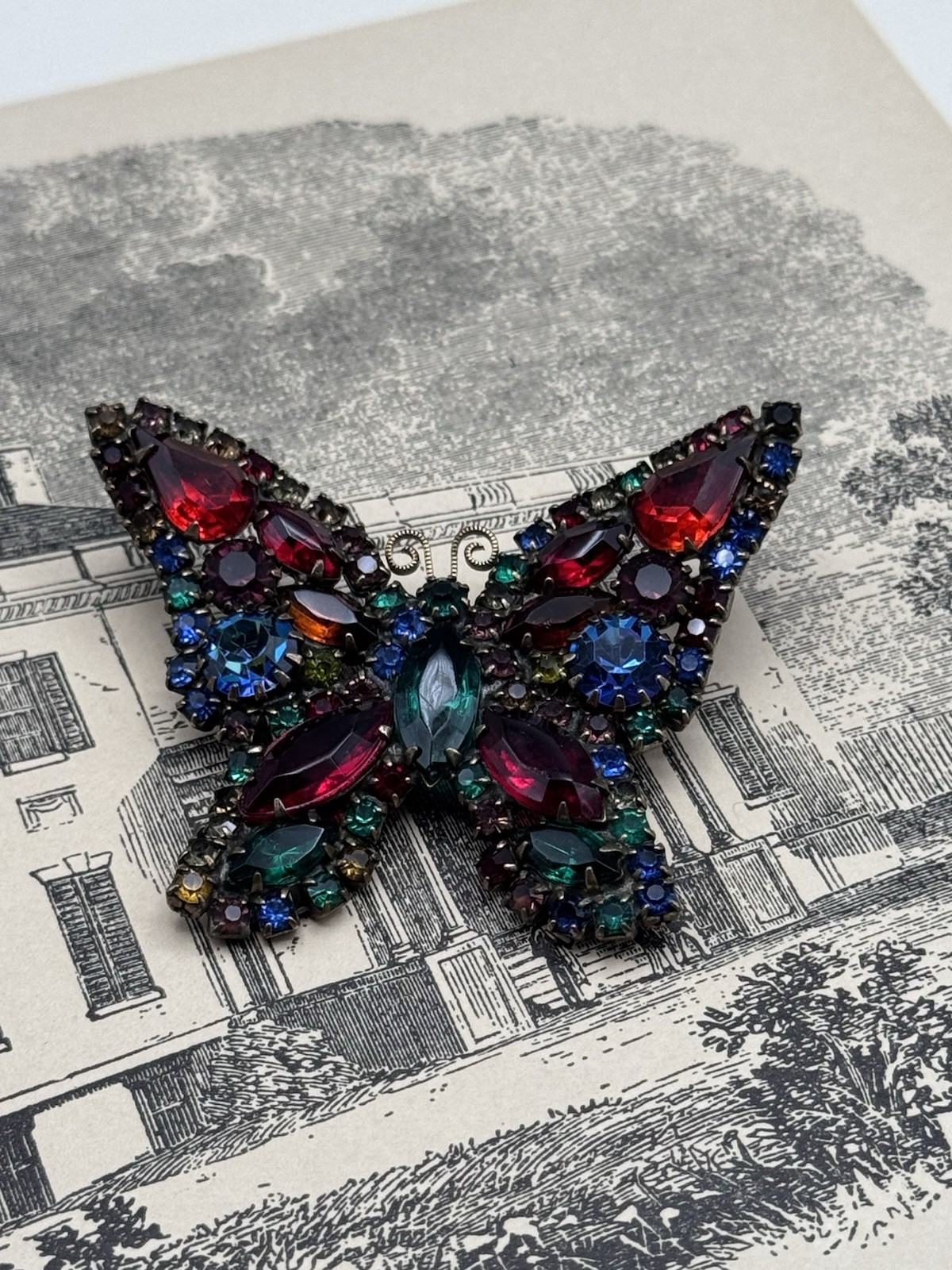 Weiss Butterfly Brooch Multicolor Rhinestone Figural Pin Signed 2.5” VINTAGE