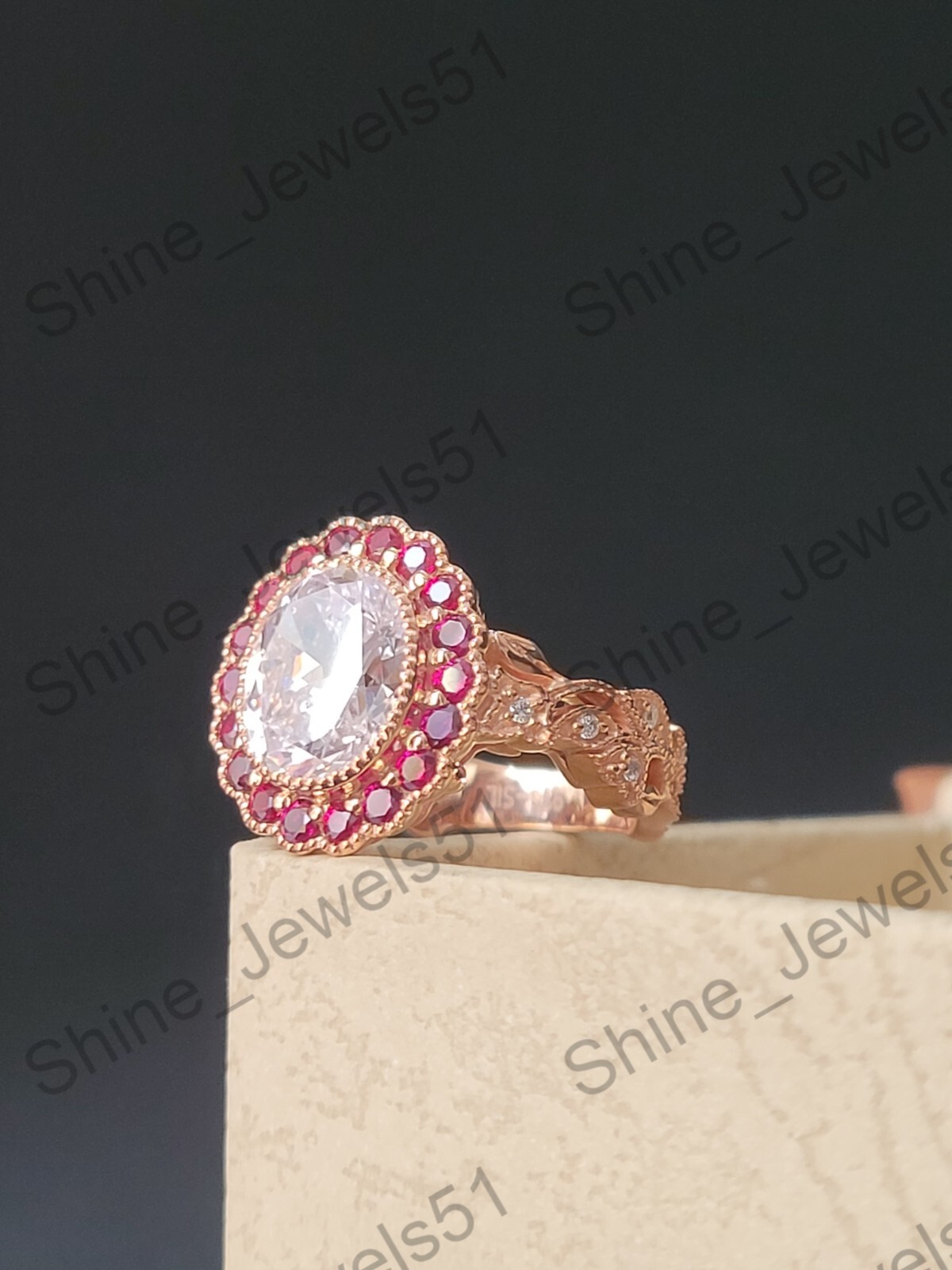 Art Deco Oval Cut Lab Created Diamond & Ruby Halo Wedding Bridal 925 Silver Ring