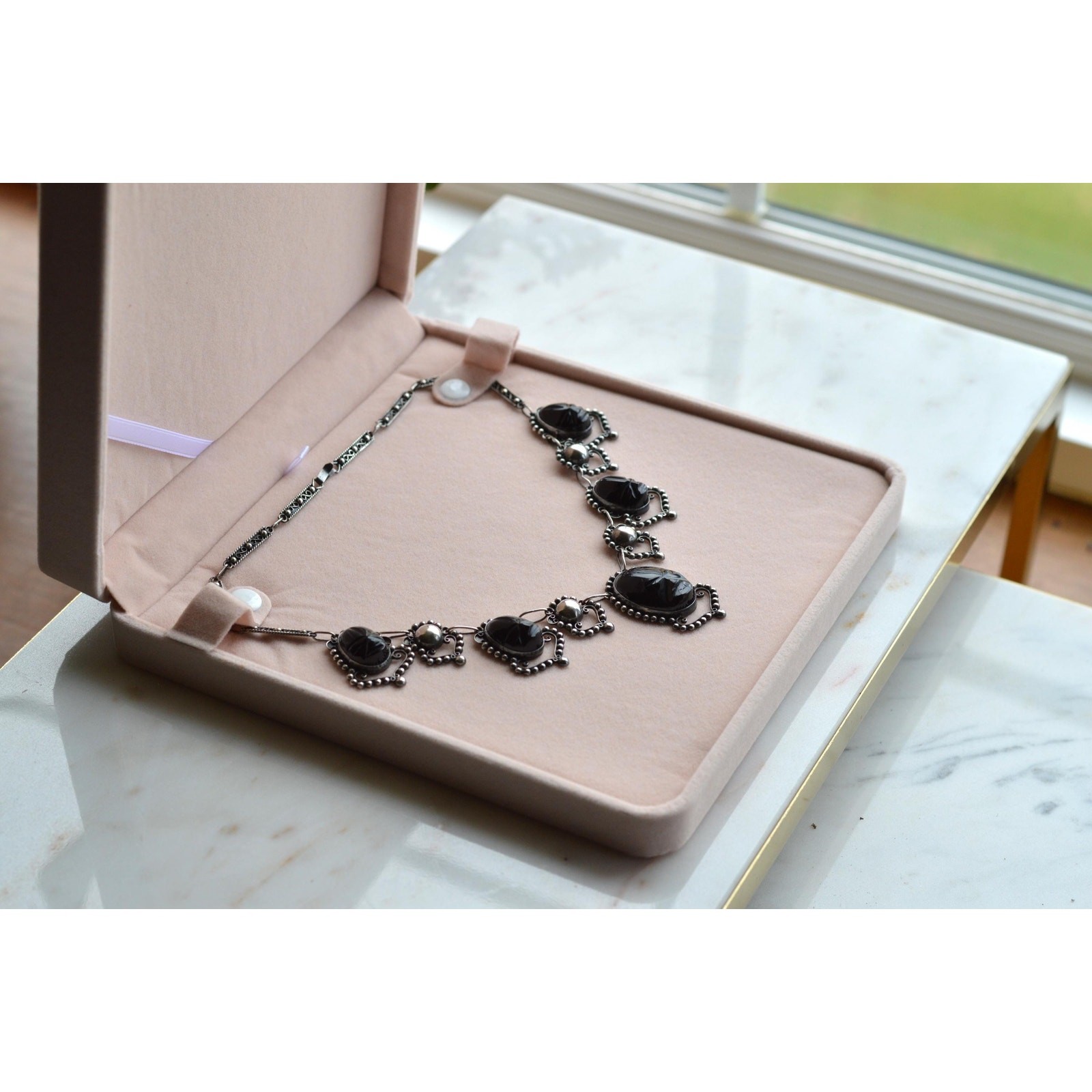 Vintage Mexican Sterling Silver Onyx Scarab Necklace – Signed JJG Co Mexico 925