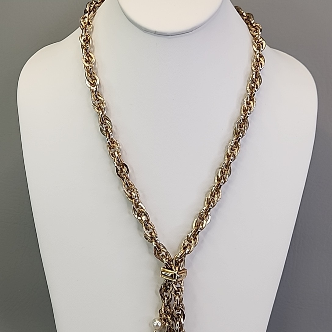 Vintage Slider Rope Necklace Tassel Faux Pearls Ribbed Ball Beads Chunky 28″