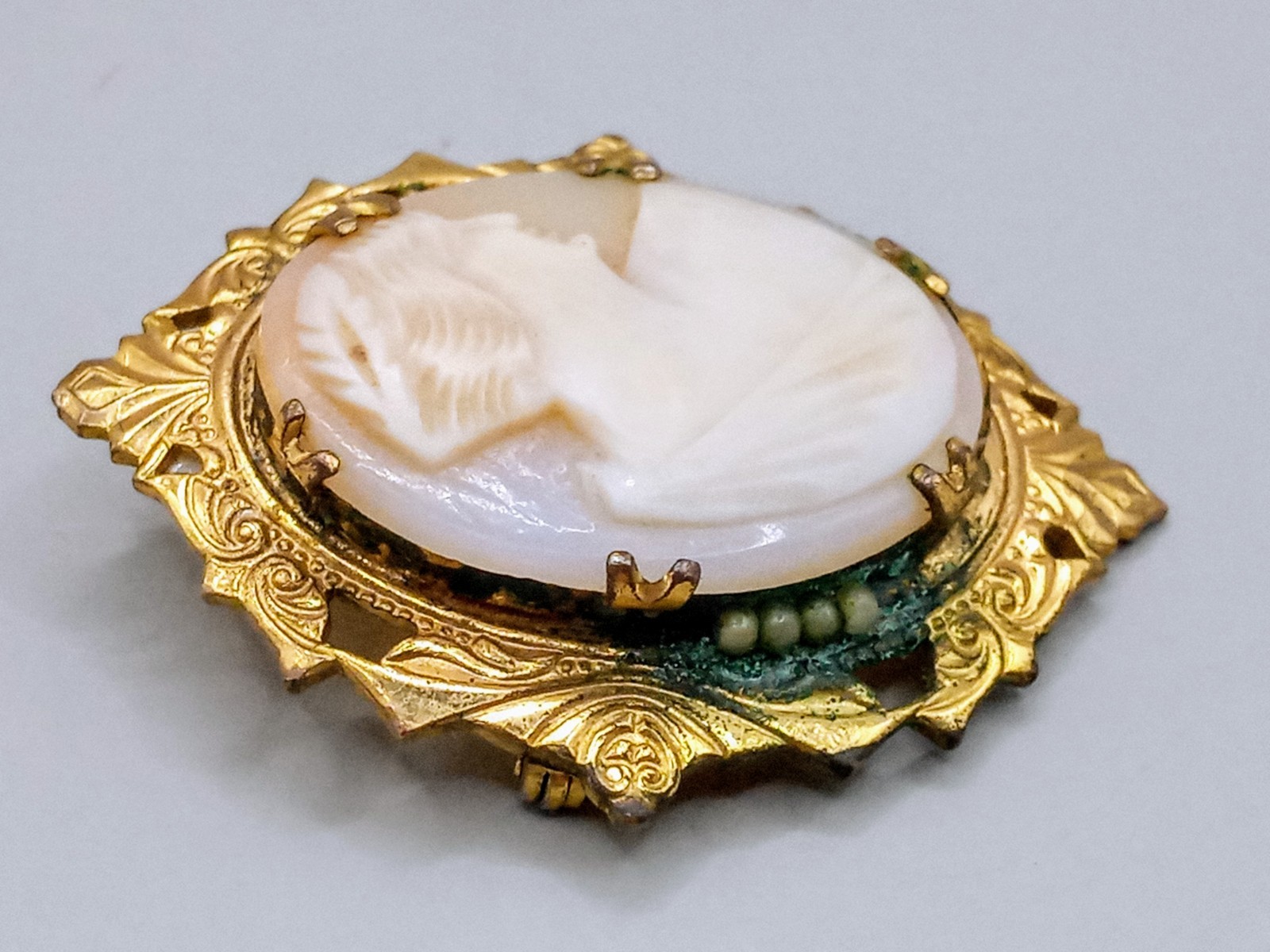 Vintage Brass And Shell Cameo Brooch With 4 Seed Pearls