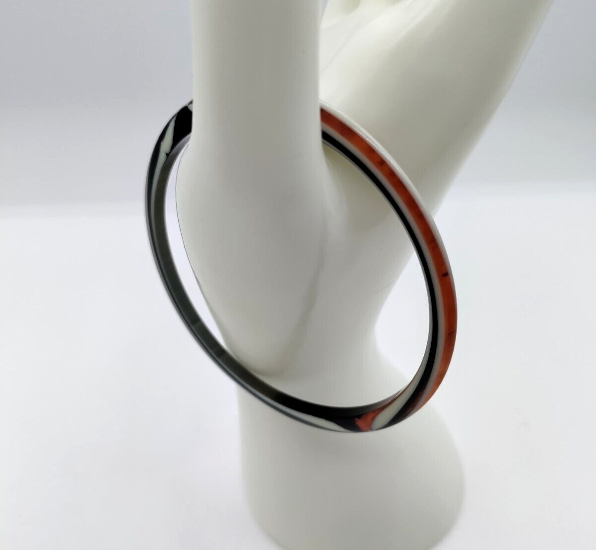 Vintage MCM Thin Swirl Bangle Bracelet Root Beer Black White Cellulose Acetate