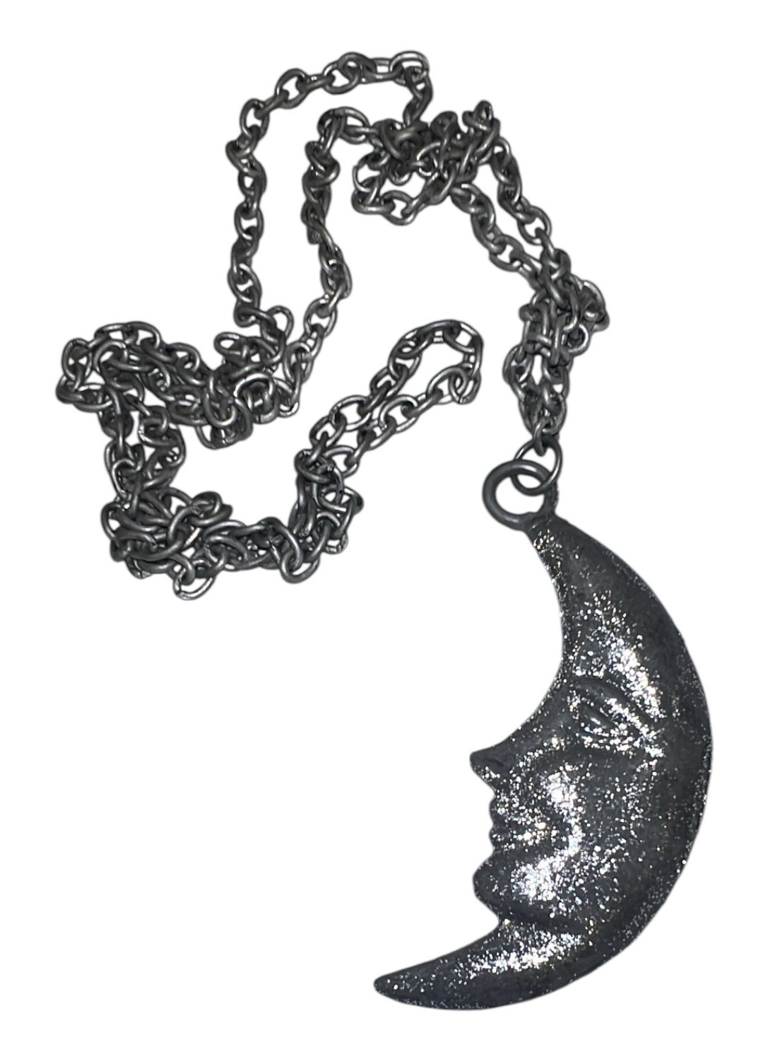 Vintage Crescent Man In The Moon Face Necklace Celestial Silver Metal Sparkle