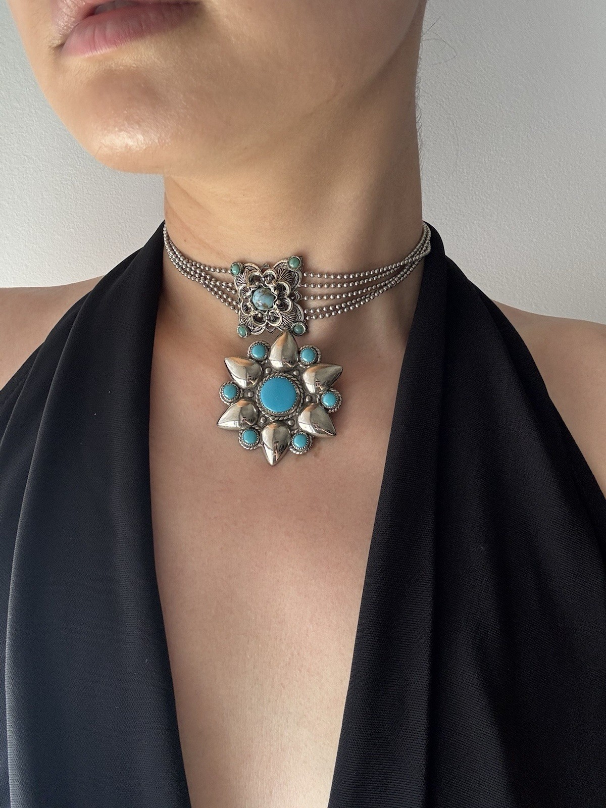 Vintage Southwestern Turquoise Choker Necklace & Matching Brooch Set