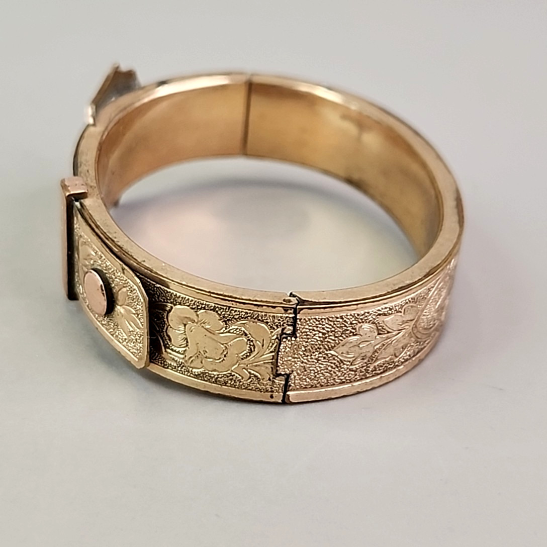 Antique B & B Victorian Belt Bracelet Hinged Buckle Etched Gold Filled 5.75″