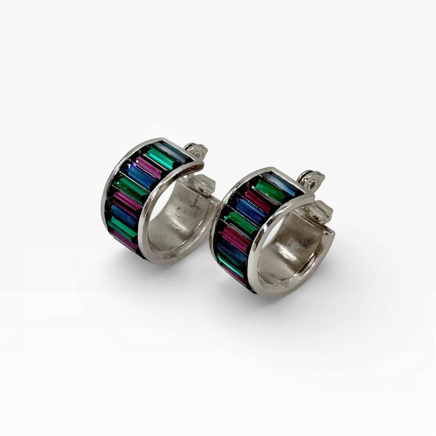 Vintage Yves Saint Laurent Crystal Hoop Clip Earrings France 1980s