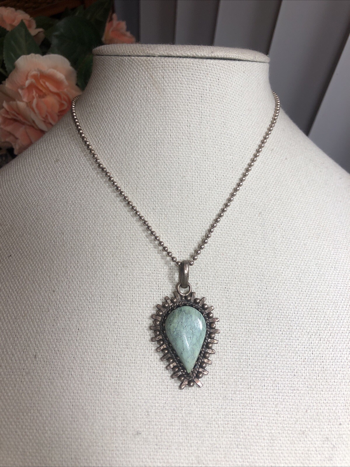 18. Sterling 925 Greenish Turquoise stone Ball link Chain Pendant Necklace 16″