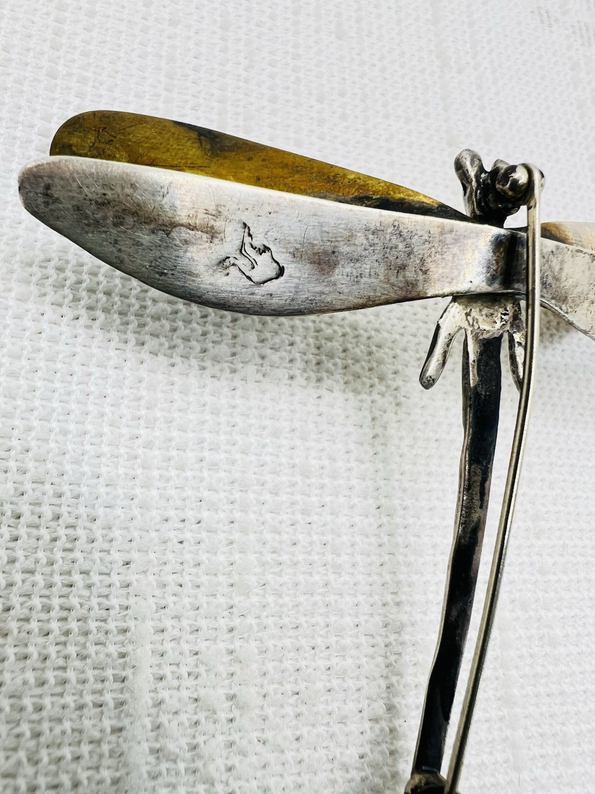 Vintage Mexican 950 Silver Brass Dragonfly Brooch Signed FARRO Mixed Metal LATON