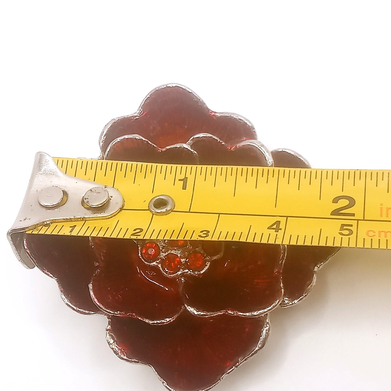 Vintage Brooch Floral Silver-tone Metal Alloy Red Enamel Rhinestone 2″ Diameter